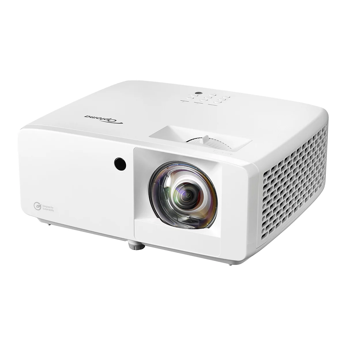 Projecteur blanc avec logo Optoma. Lentille, commandes et fentes de ventilation visibles.