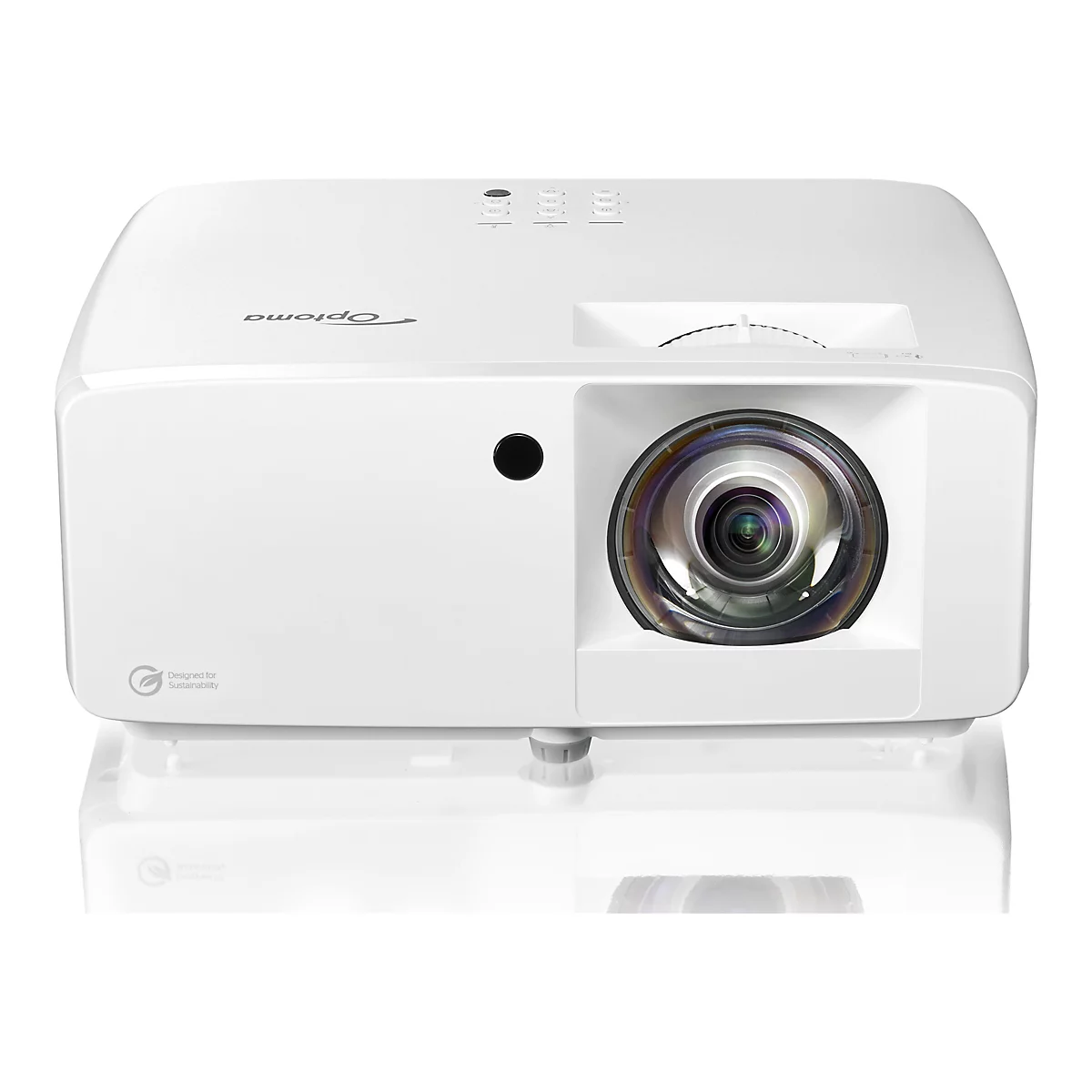 Projecteur Optoma blanc, conçu pour la durabilité. Les boutons sont situés au-dessus de l'objectif, et le logo Optoma.