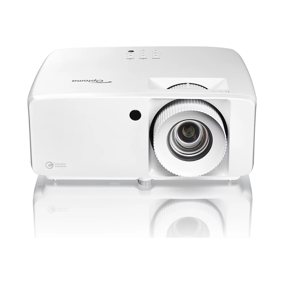 Projecteur Optoma blanc, en gros plan. L'objectif, les boutons et le logo sont visibles.