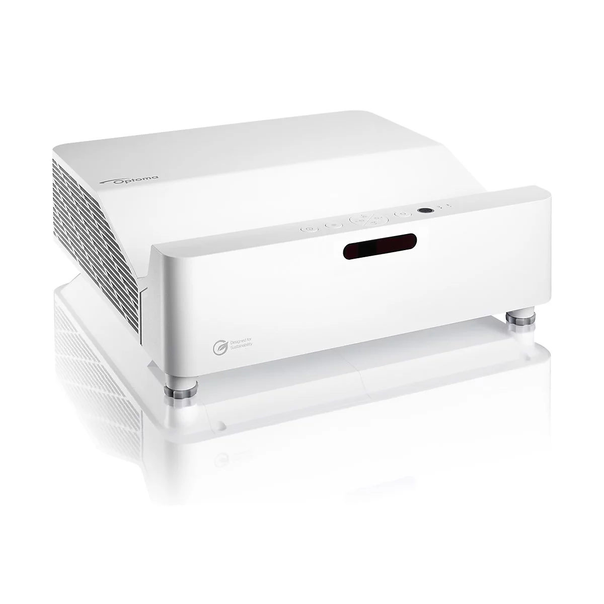 Un projecteur Optoma blanc sur fond blanc, avec boutons de commande, affichage et logo.