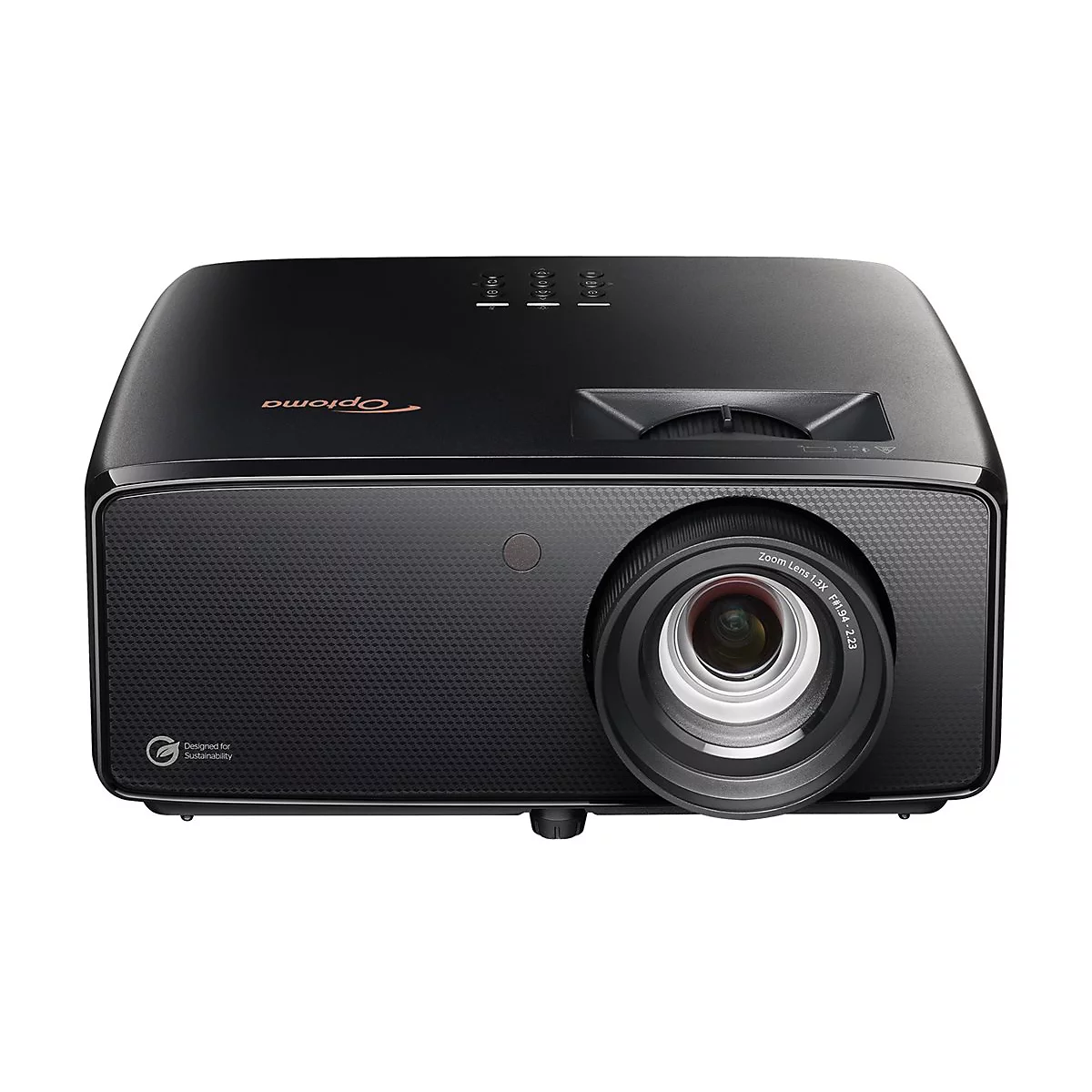 Projecteur Optoma noir sur fond blanc, avec objectif et logo.