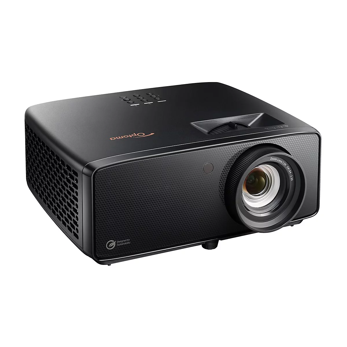 Projecteur noir avec logo Optoma et objectif zoom.