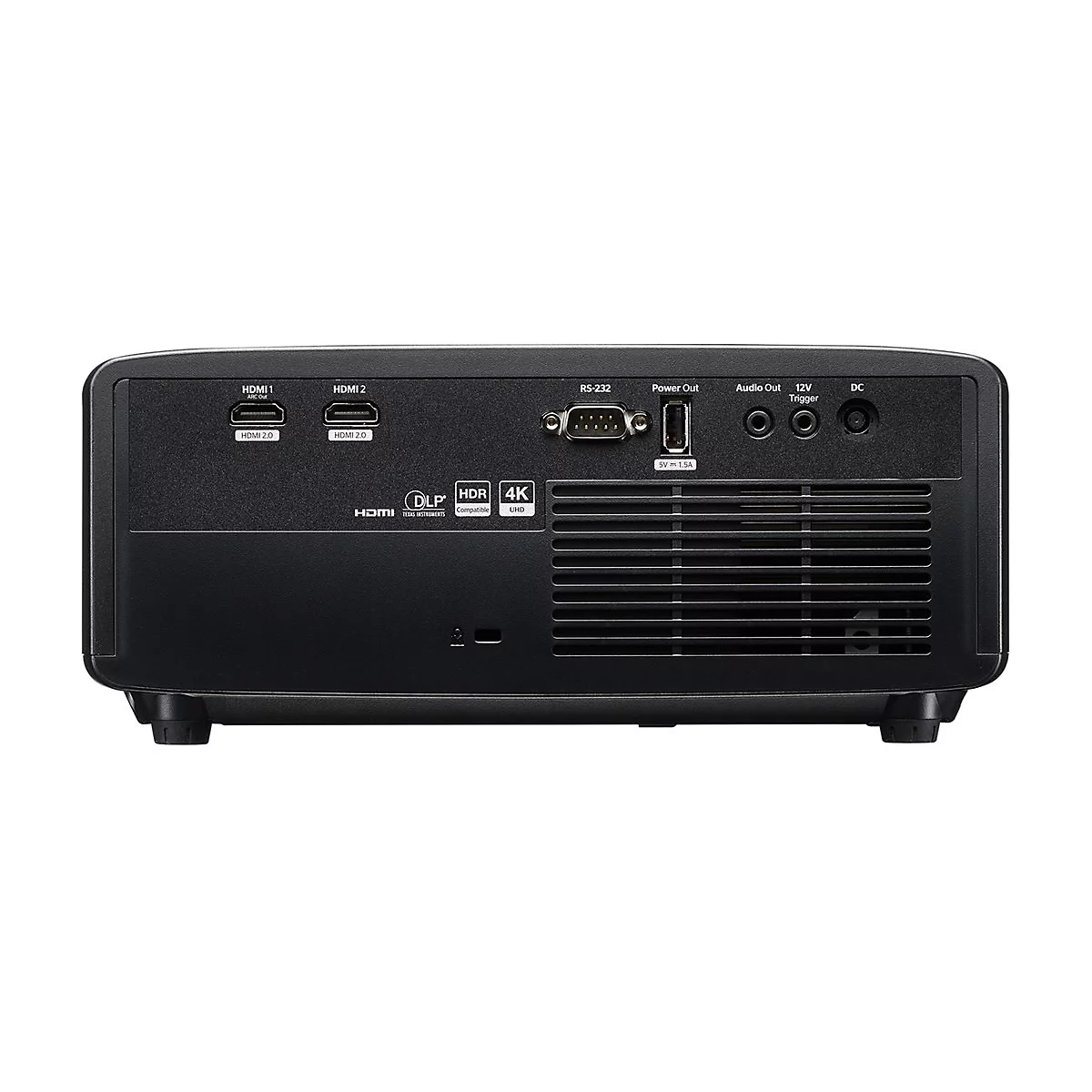 Schwarzer Projektor, Rückansicht. Anschlüsse für HDMI, Strom, Audio, 12V Trigger und DC. Aufschrift: HDMI, DLP, HDR, 4K.