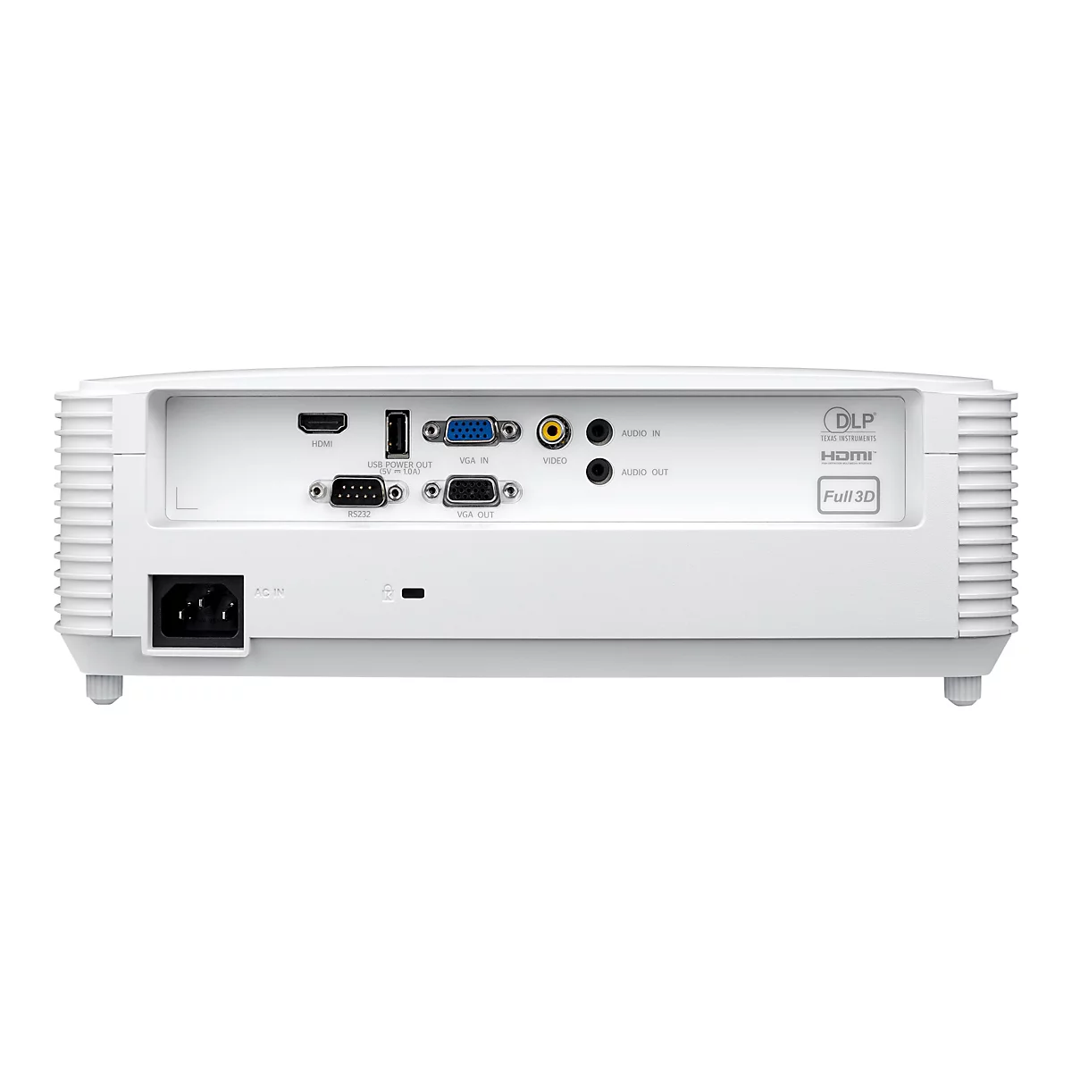 Rückseite eines weißen Projektors mit diversen Anschlüssen: HDMI, VGA, USB, Audio. Text: HDMI, Full 3D, DLP.