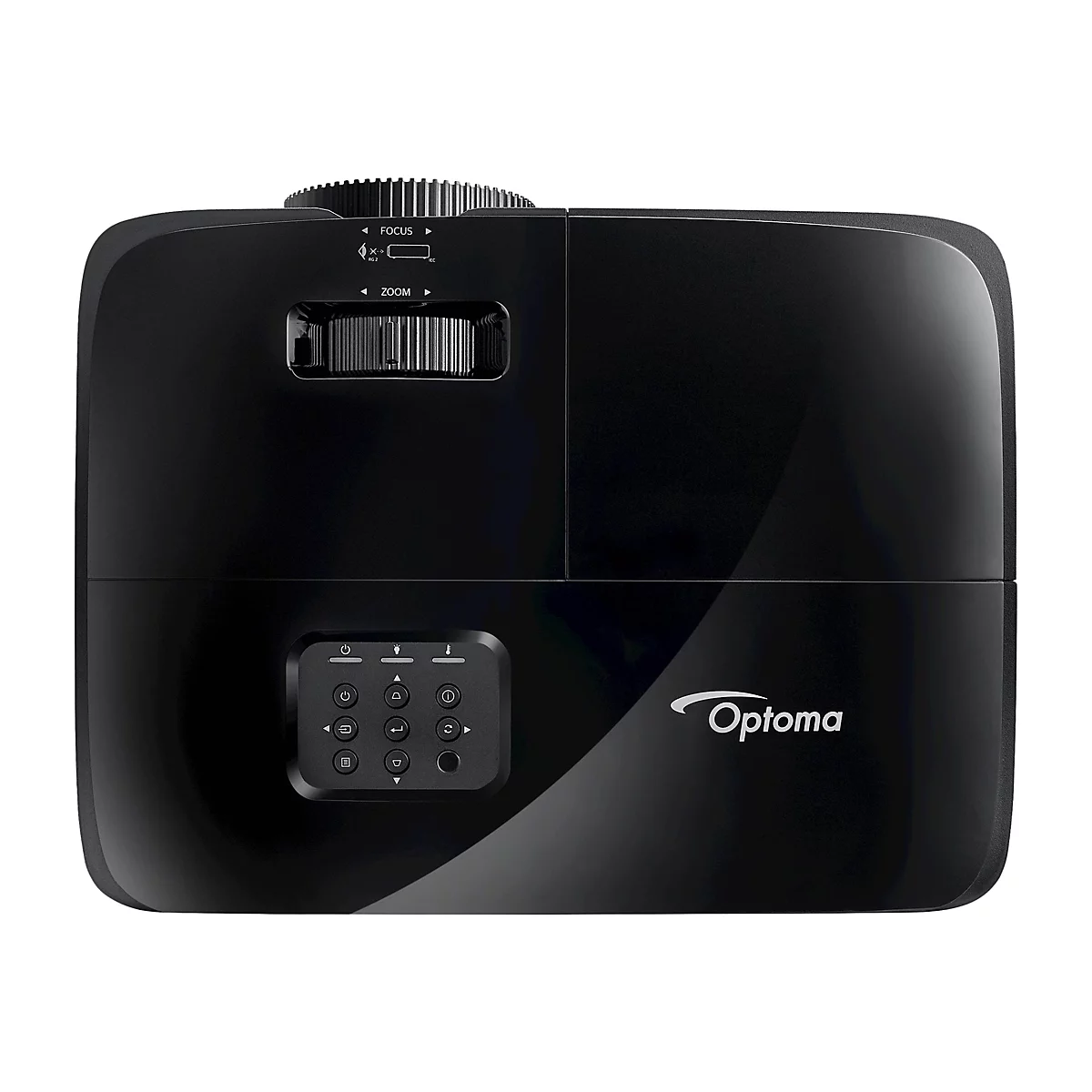 Schwarzer Optoma Beamer von oben mit Fokus- und Zoomrad sowie Tastenfeld zur Bedienung auf der Oberseite.