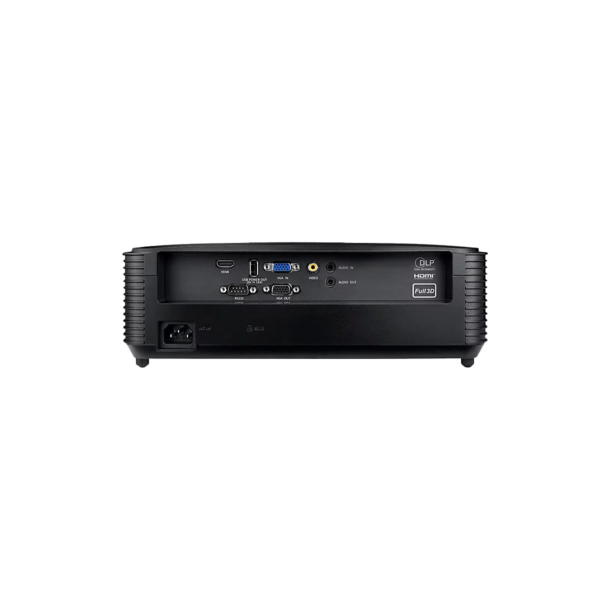 Schwarzer Projektor, RÃ¼ckseite mit AnschlÃ¼ssen: HDMI, USB, VGA, Audio, Stromanschluss. Label: DLP, HDMI, Full 3D.