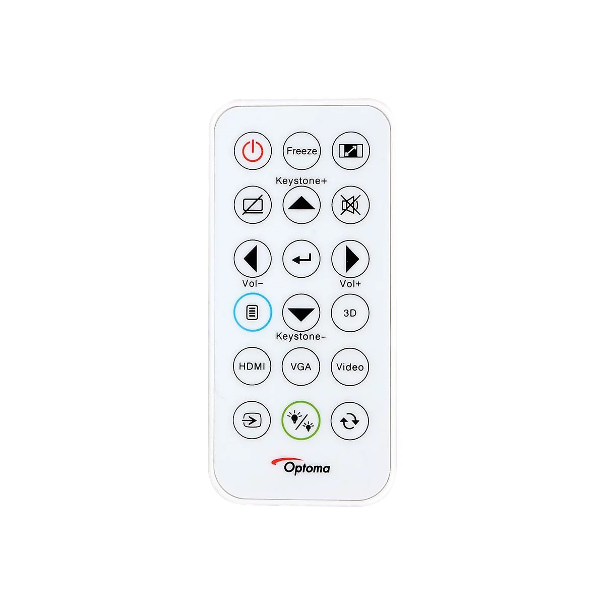WeiÃŸes Optoma-Fernbedienung mit mehreren KnÃ¶pfen, darunter Ein/Aus, HDMI und 3D.