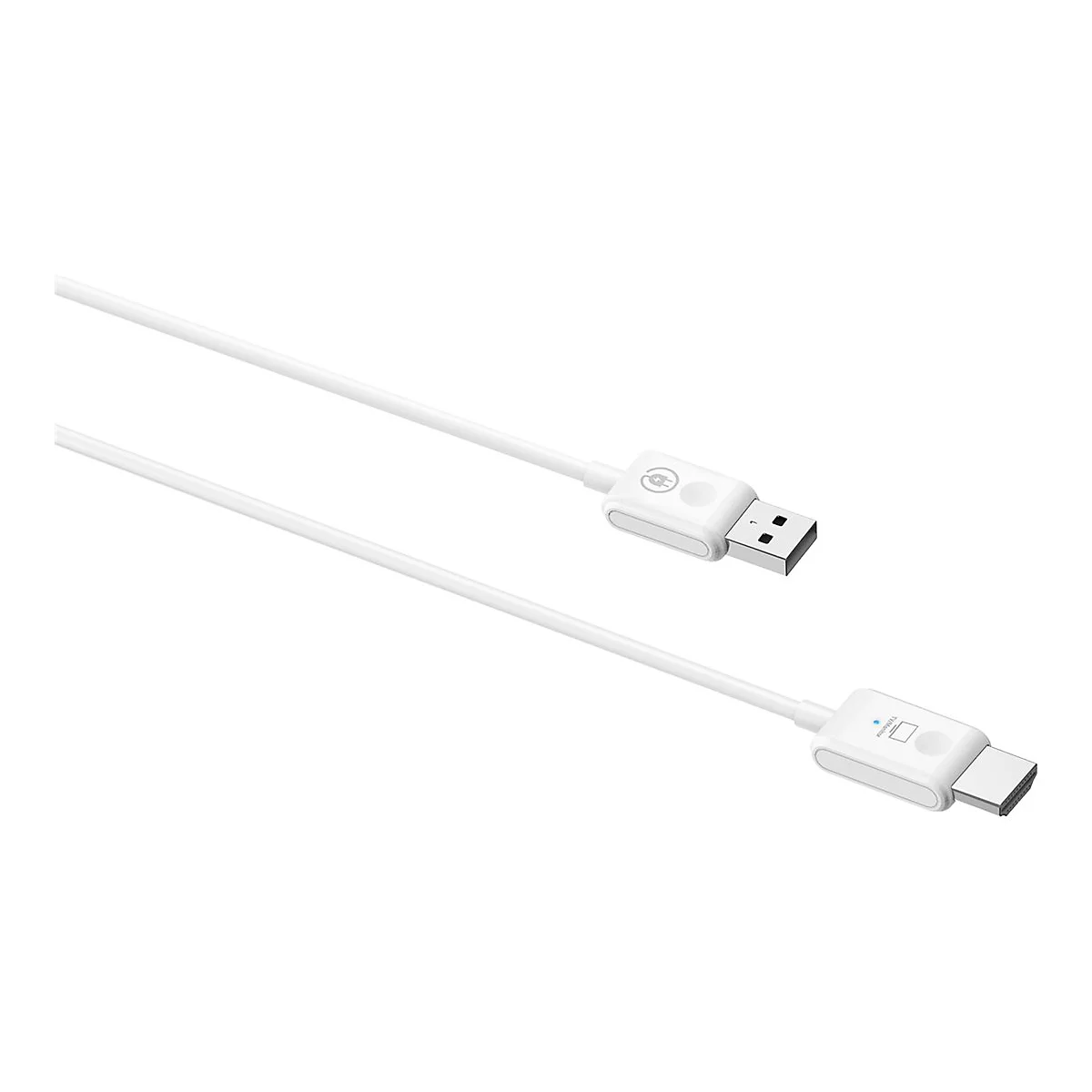 Zwei weiße USB-Kabel mit Steckern an den Enden, vor weißem Hintergrund.