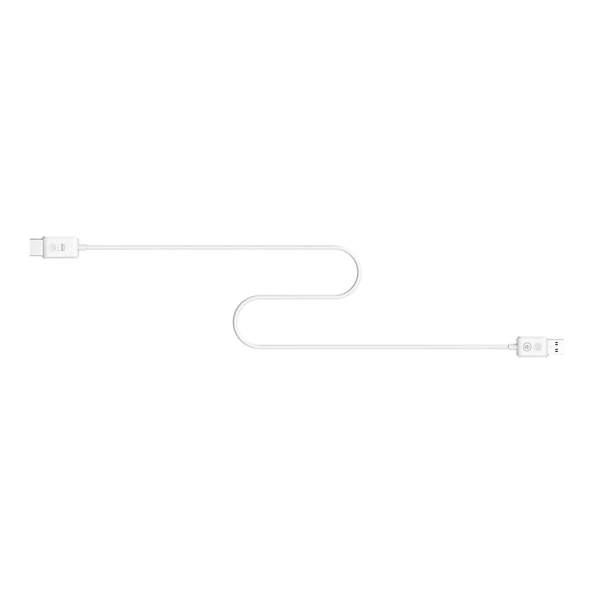 Câble de chargement blanc avec connecteur USB-C et USB, sur fond blanc.
