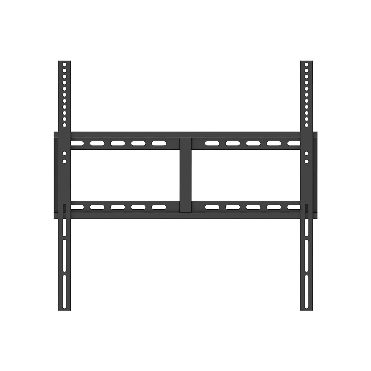 Schwarze TV-Wandhalterung, bestehend aus zwei senkrechten Halterungen mit Löchern und einem horizontalen Rahmen mit rechteckigen Aussparungen.