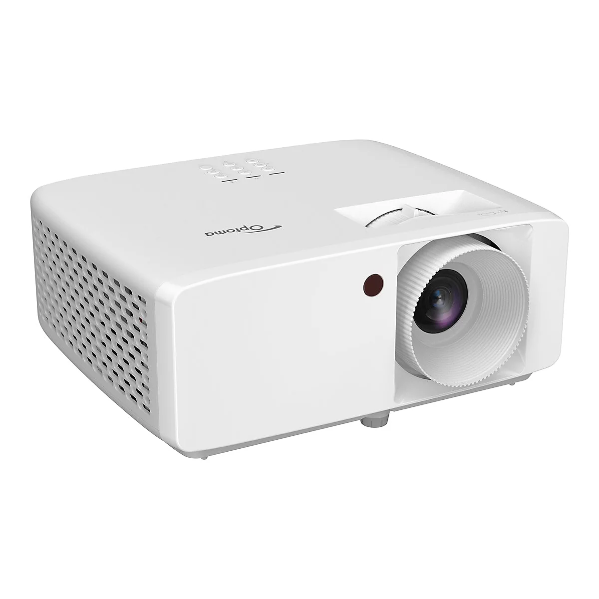WeiÃŸer Projektor, seitlich betrachtet. Objektiv mit Einstellrad, roter Punkt daneben, Marke Optoma.