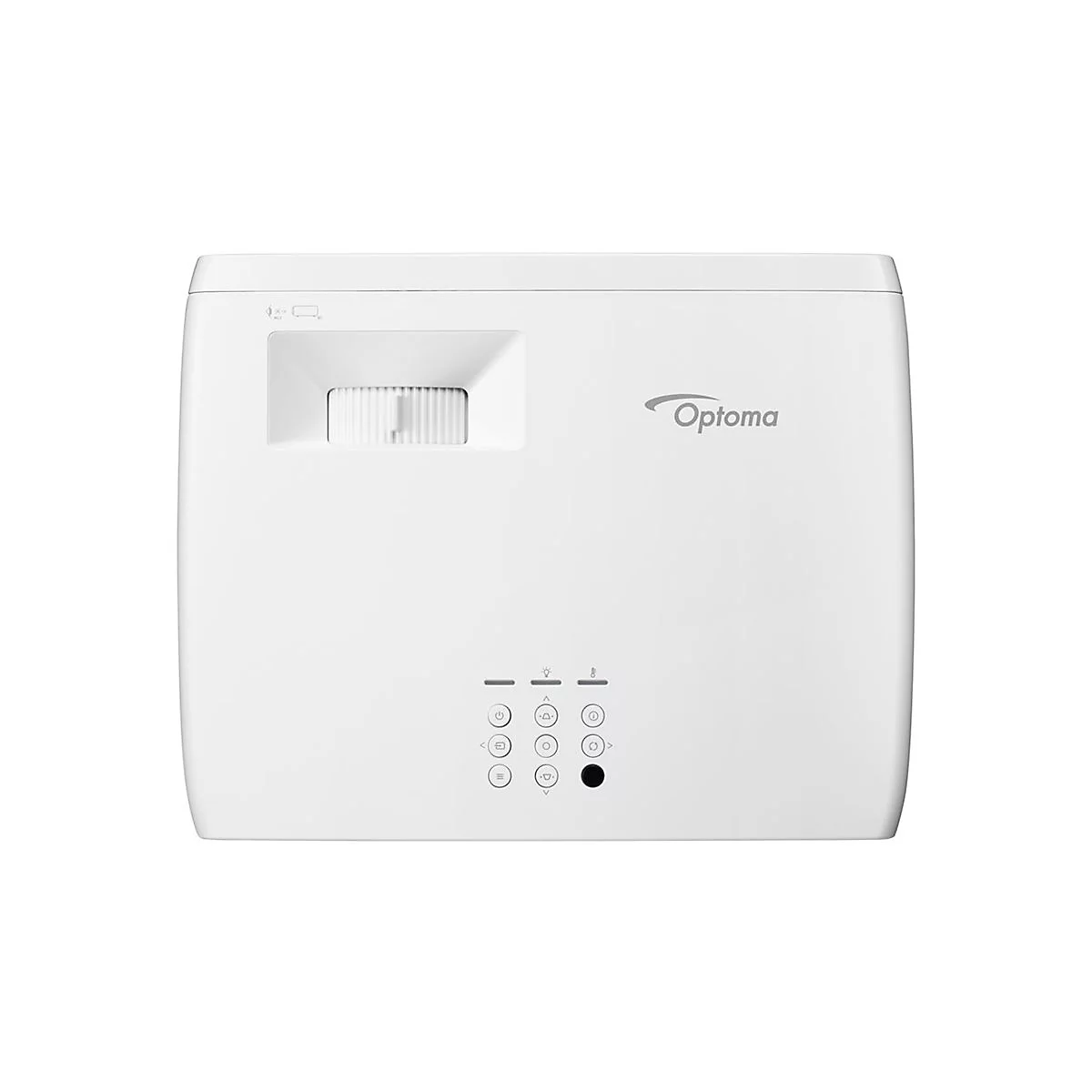 Projecteur Optoma blanc, vue de face. En haut à gauche : ouverture de l'objectif, à droite : logo Optoma. En bas : panneau de contrôle avec symboles.