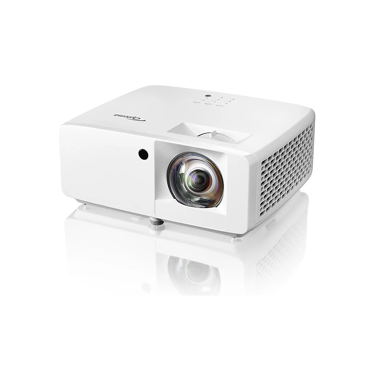 Projecteur Optoma blanc avec lentille, commandes et ventilation sur une surface brillante.