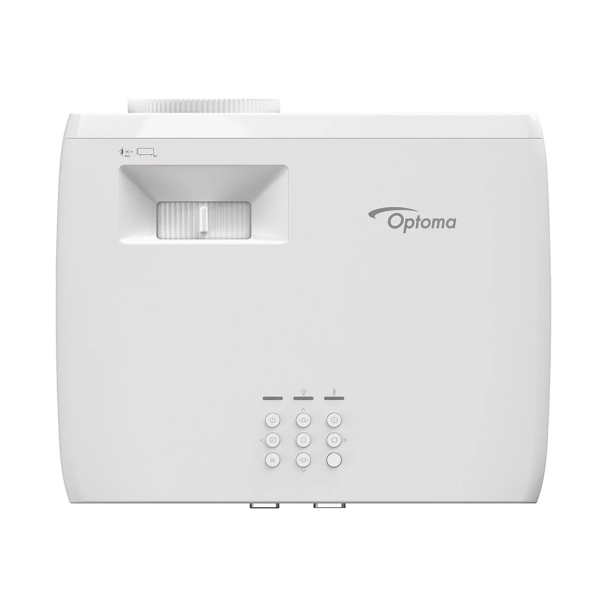 Projecteur blanc avec logo de la marque Optoma, avec éléments de commande et objectif en détail.