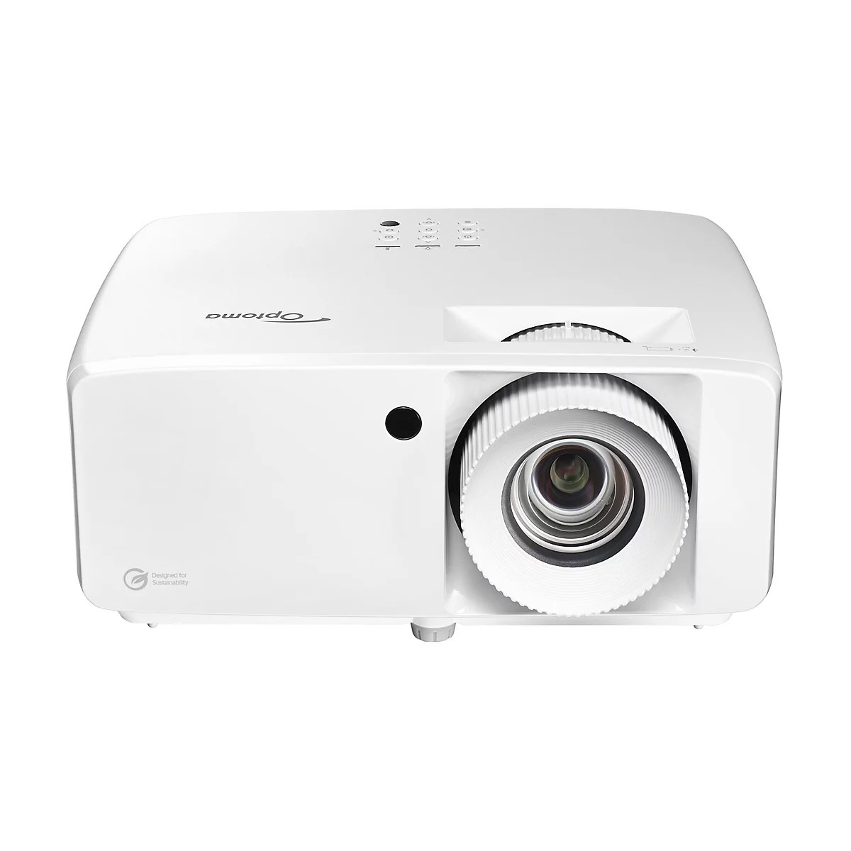 WeiÃŸer Projektor mit Optoma-Logo und Objektiv. Auf der Oberseite befinden sich Leuchten, daneben ein Drehrad.