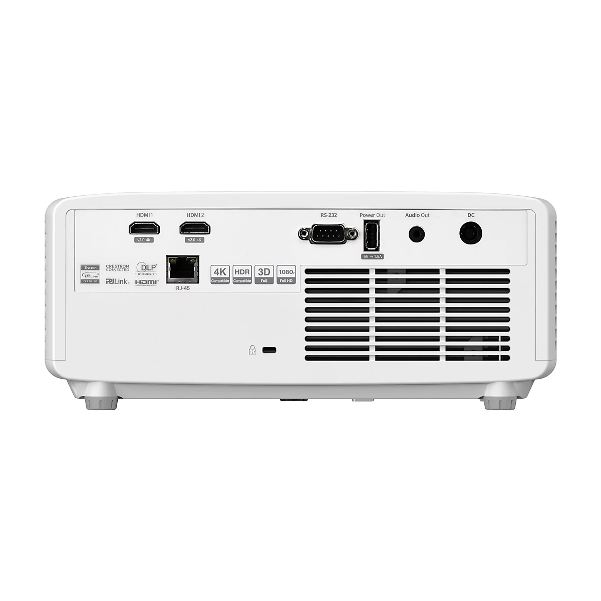 RÃ¼ckseite eines weiÃŸen Projektors mit verschiedenen AnschlÃ¼ssen, darunter HDMI, USB, und Netzwerk. SchriftzÃ¼ge kennzeichnen Funktionen.