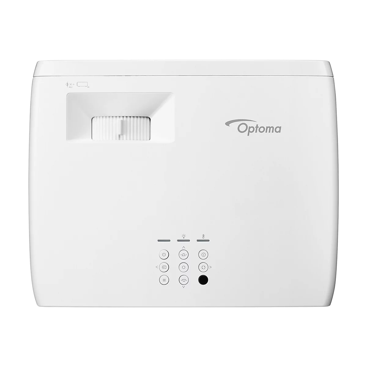 Projecteur Optoma blanc, vue de dessus. Objectif de projection, boutons de commande et le logo Optoma sont sur le devant.