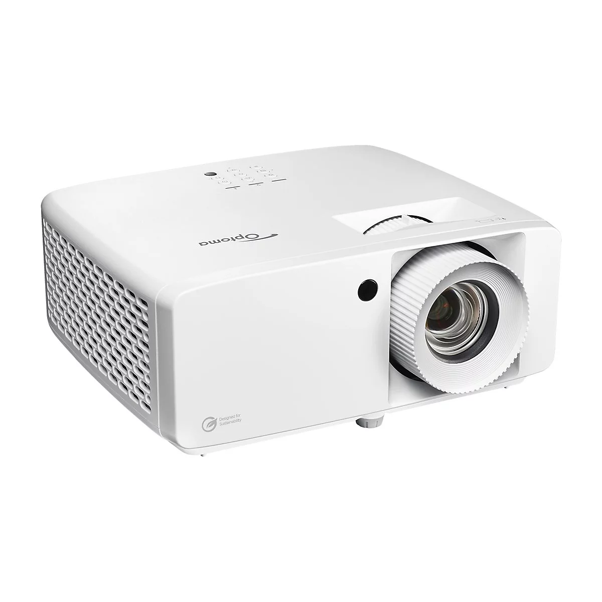 Weißer Optoma Projektor mit prominenter Linse vor weißem Hintergrund.