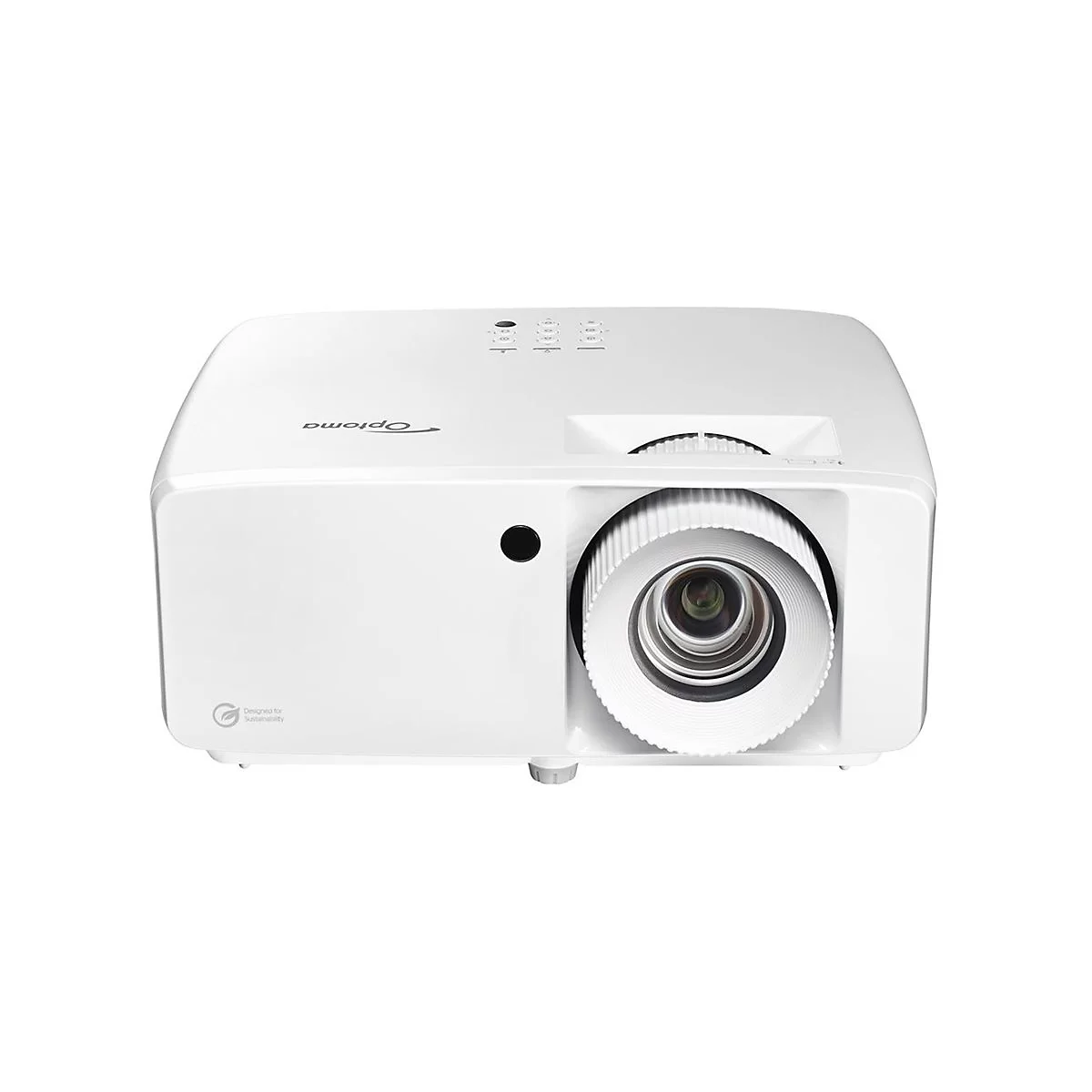 Weißer Optoma Beamer mit Frontlinse und Logo vor neutralem Hintergrund.