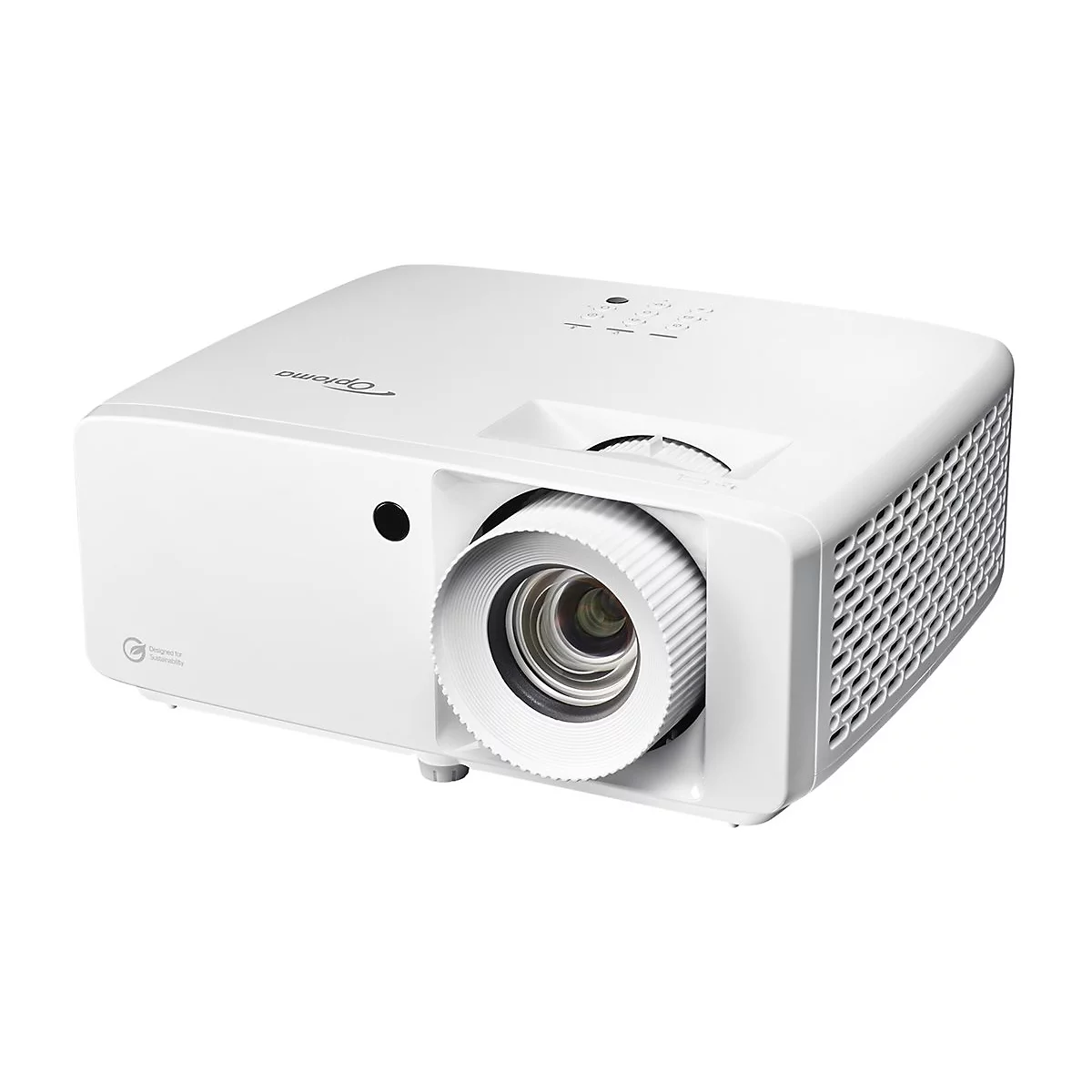 Weißer Optoma Projektor in einer leicht schrägen Perspektive vor weißem Hintergrund.