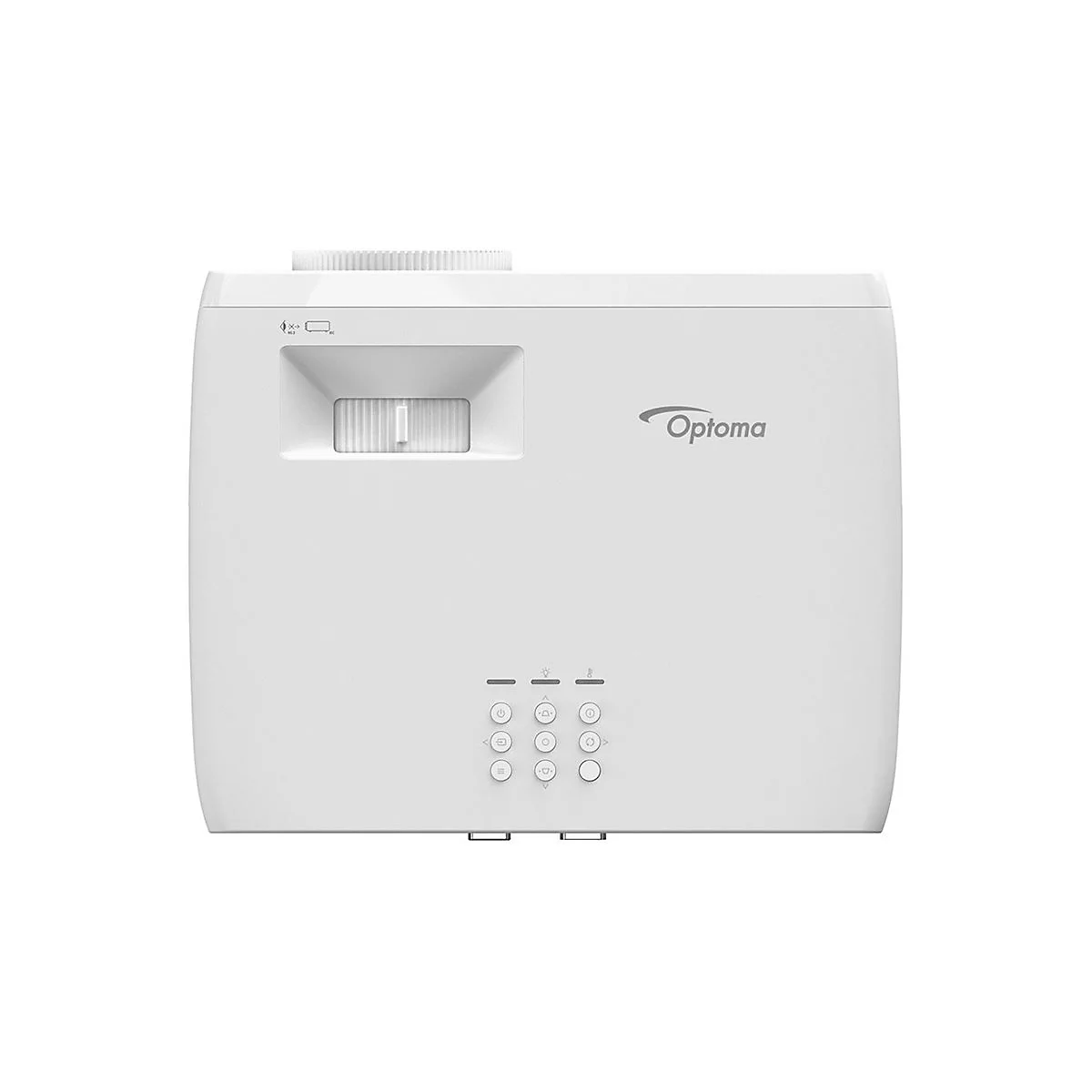 Projecteur Optoma blanc, vue de face. Sortie d'objectif en haut, boutons en dessous.