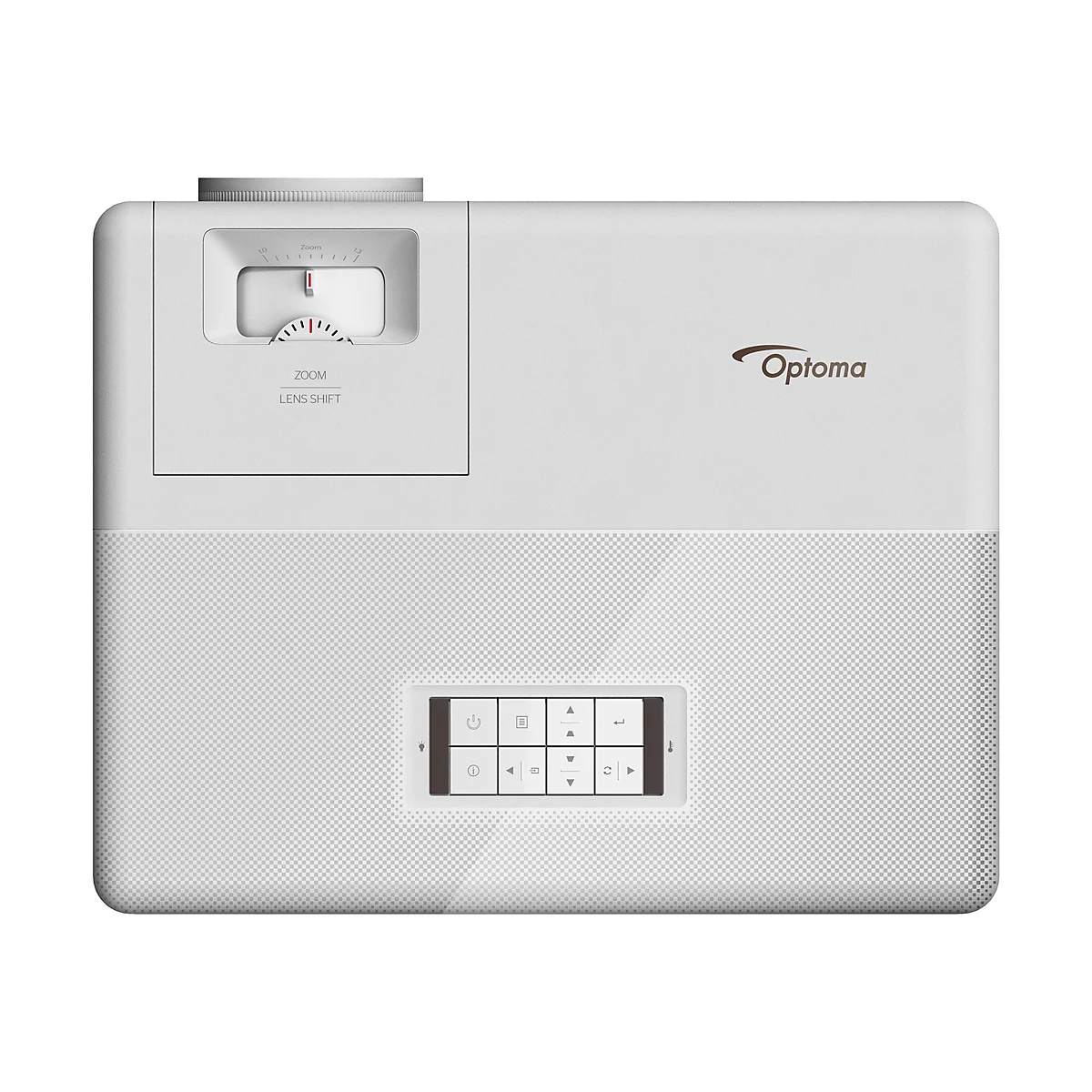 WeiÃŸer Optoma-Projektor, Zoom- und SteuerknÃ¶pfe. Mit Optoma-Logo.