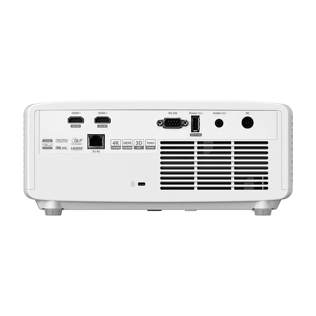 RÃ¼ckseite eines weiÃŸen Projektors mit AnschlÃ¼ssen: HDMI, USB, RJ45, 4K, 3D.