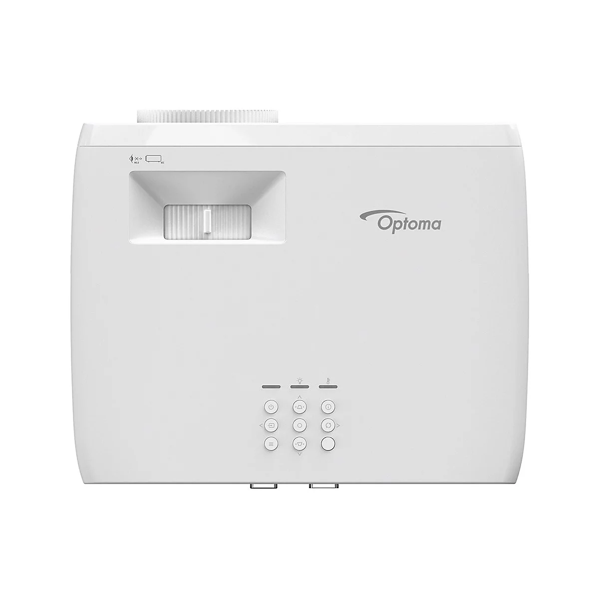 WeiÃŸer Projektor von Optoma, vorne dargestellt. Oben ist eine Linse, darunter KnÃ¶pfe.