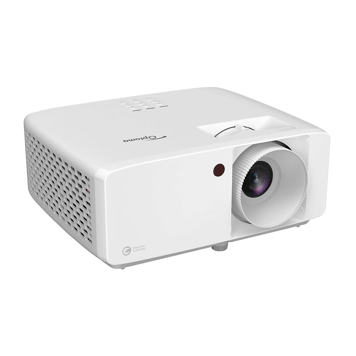 WeiÃŸer Projektor, rechteckig, Linse mit schwarzem Objektiv. Marke Optoma.