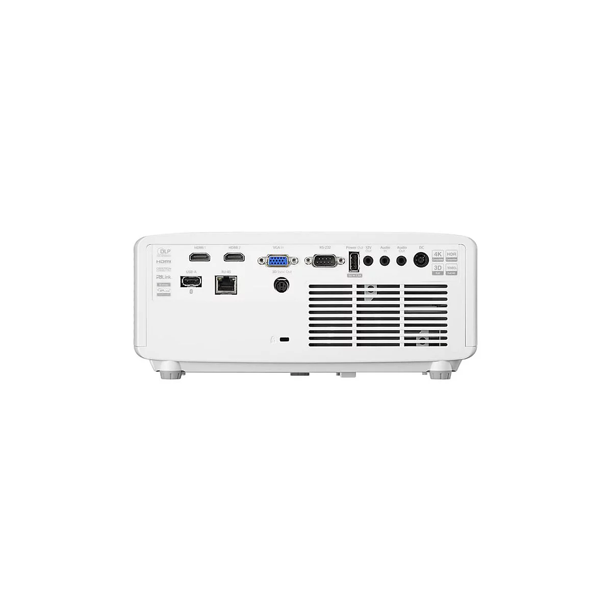 Rückseite eines weißen Projektors mit Anschlüssen für HDMI, USB, VGA, Audio und Strom.
