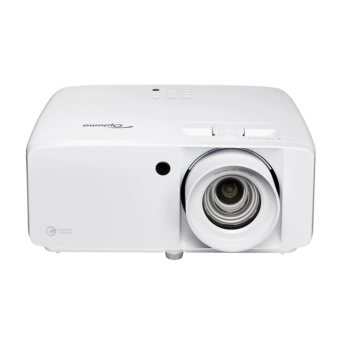 Projecteur Optoma blanc. Objectif zoom visible. Texte : 'Designed for Sustainability'.