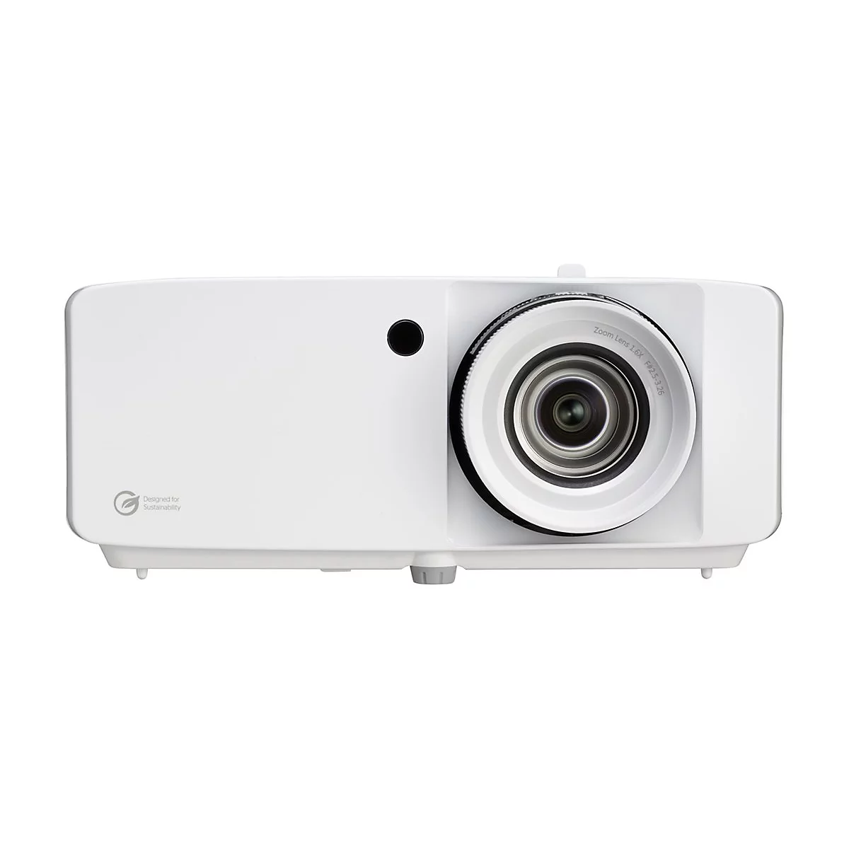 Projecteur blanc avec objectif et l'inscription 'Zoom Lens 1.6X F2.5-3.26'. Inscription : 'Designed for Sustainability'.