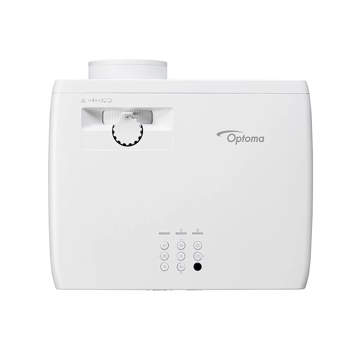 Projecteur Optoma blanc, vue de face. Molette de réglage, boutons et logo. Objectif rond sur le dessus.