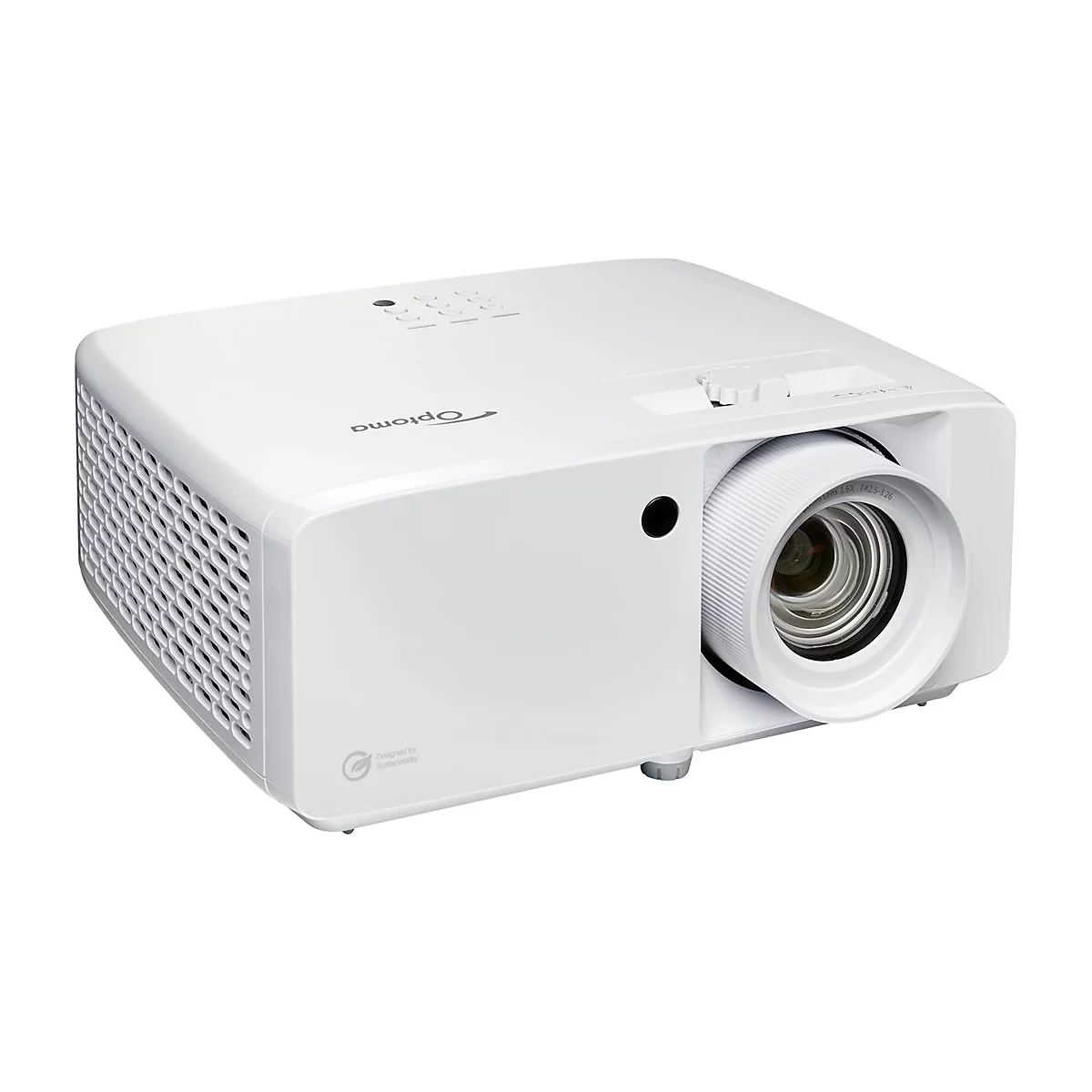 Projecteur Optoma blanc avec lentille. Le côté a une ventilation, l'avant montre l'objectif et les boutons.