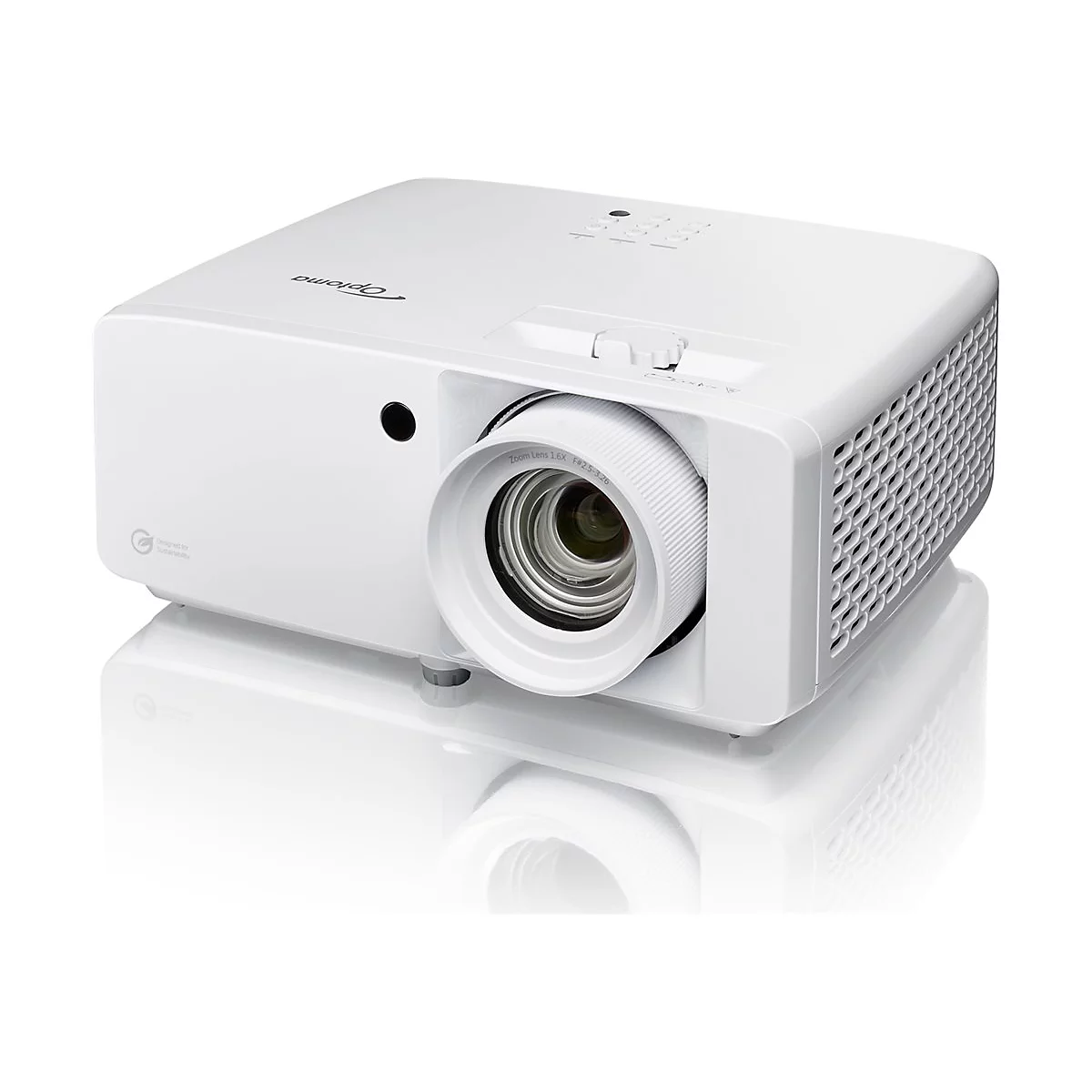 Projecteur Optoma blanc, gros plan sur une surface brillante. L'objectif est mis au point.