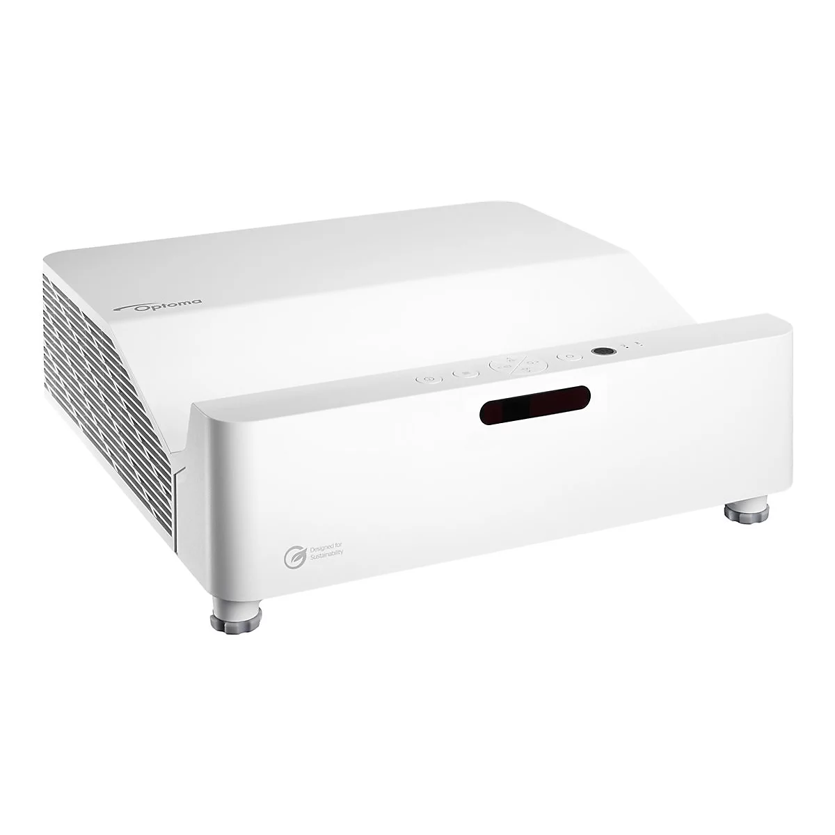 Projecteur Optoma blanc. Il a un corps rectangulaire, de petits pieds et des boutons de commande.