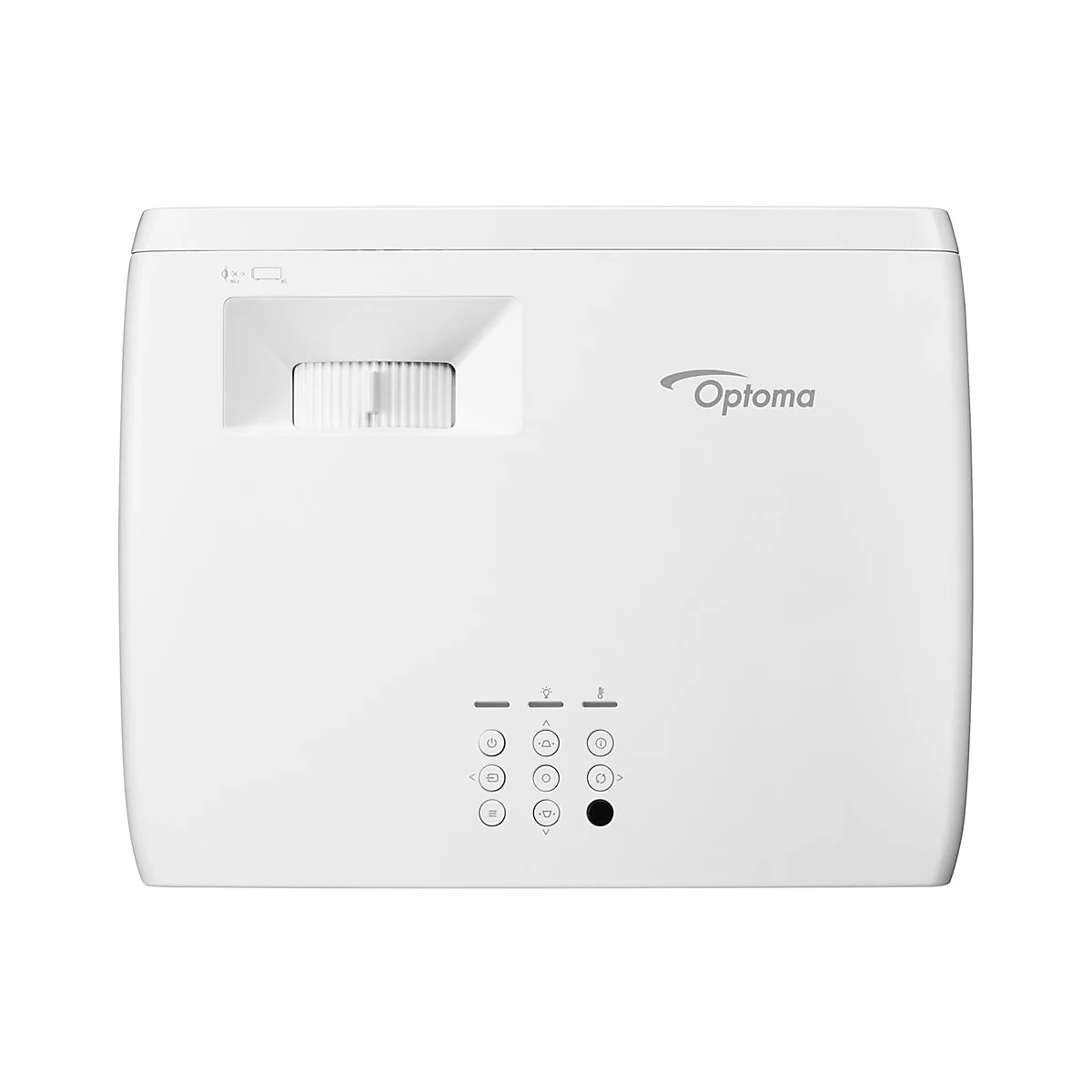 WeiÃŸer Optoma-Beamer, Draufsicht. Oben links das Objektiv, darunter Bedienelemente und der Firmenname.