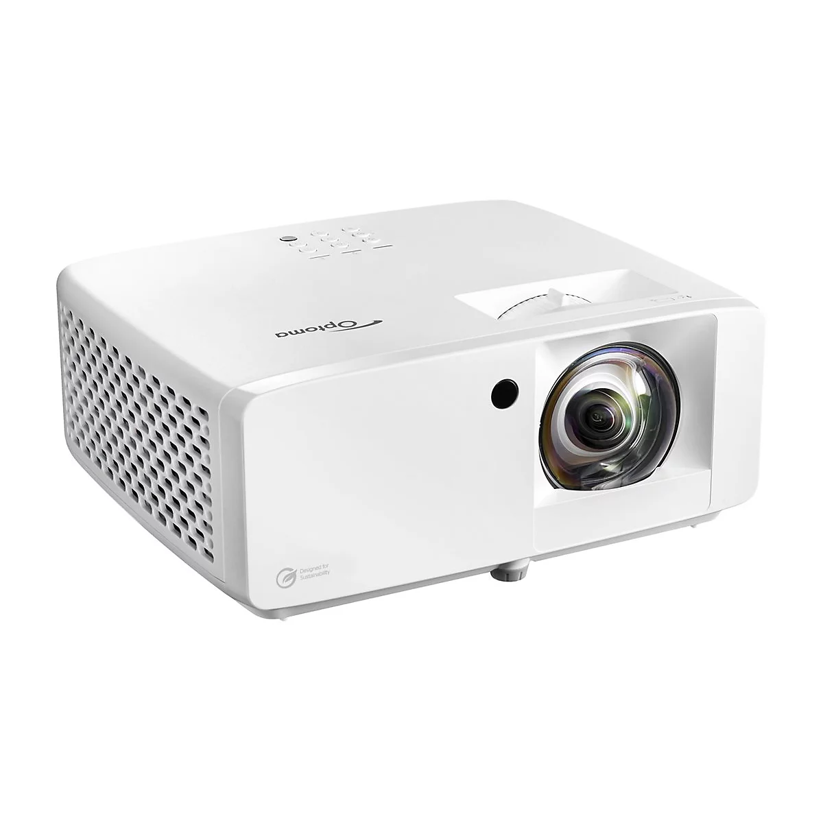 Projecteur Optoma blanc. Visibles, lentille, grille de ventilation, commandes et symbole de durabilité.