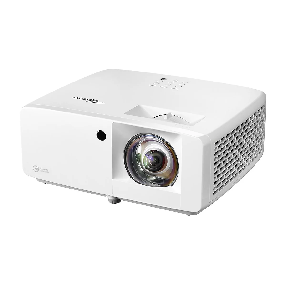 Projecteur Optoma blanc. L'objectif est mis au point, à côté d'une grille de ventilation. Il y a des commandes sur le dessus.