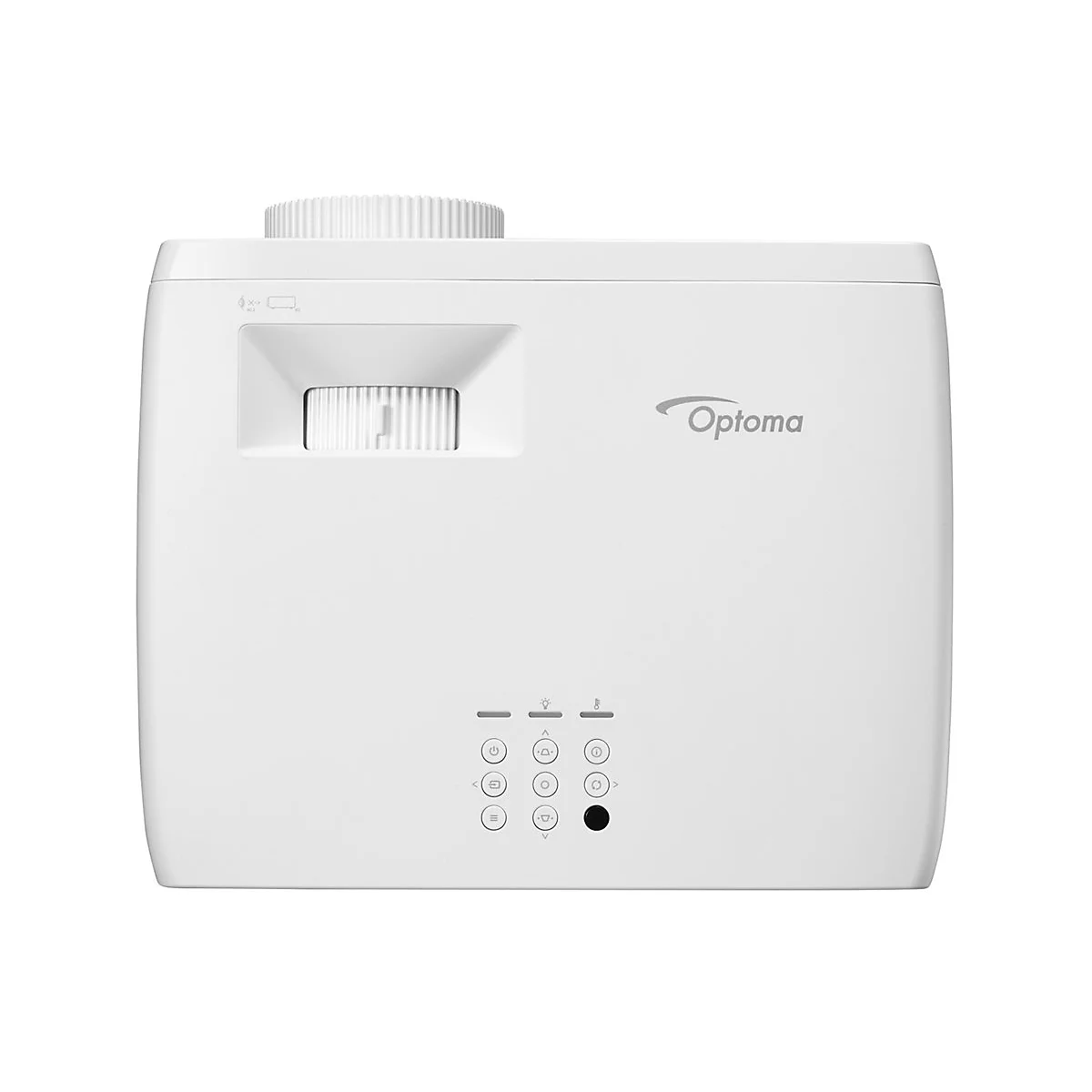 Projecteur Optoma blanc, vue de face. Comprend objectif, commandes et logo Optoma.