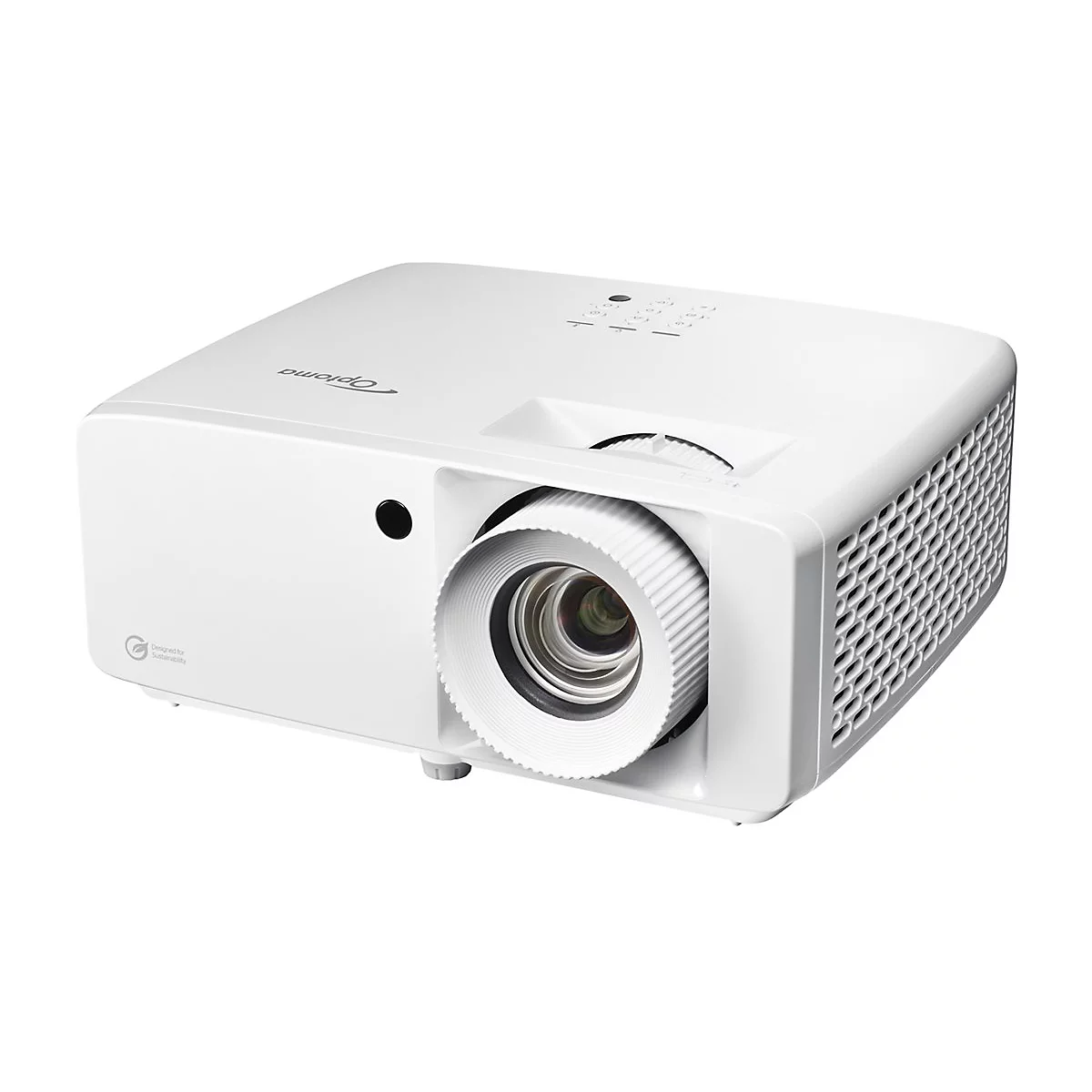 WeiÃŸer Projektor mit Objektiv, BelÃ¼ftungsschlitzen und Bedientasten. Die Marke Optoma ist auf der Oberseite zu sehen.