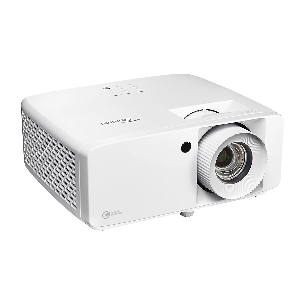WeiÃŸer Optoma-Projektor mit Linse und LÃ¼ftungsschlitzen auf hellem Hintergrund.