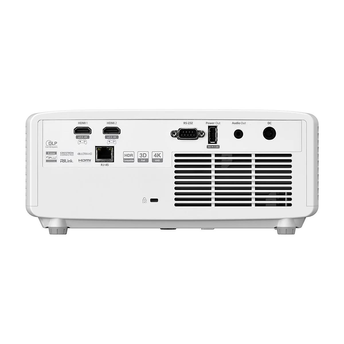 RÃ¼ckseite eines weiÃŸen Projektors mit AnschlÃ¼ssen und LÃ¼ftungsschlitzen. HDMI, LAN, 3D und 4K-Markierungen sind sichtbar.