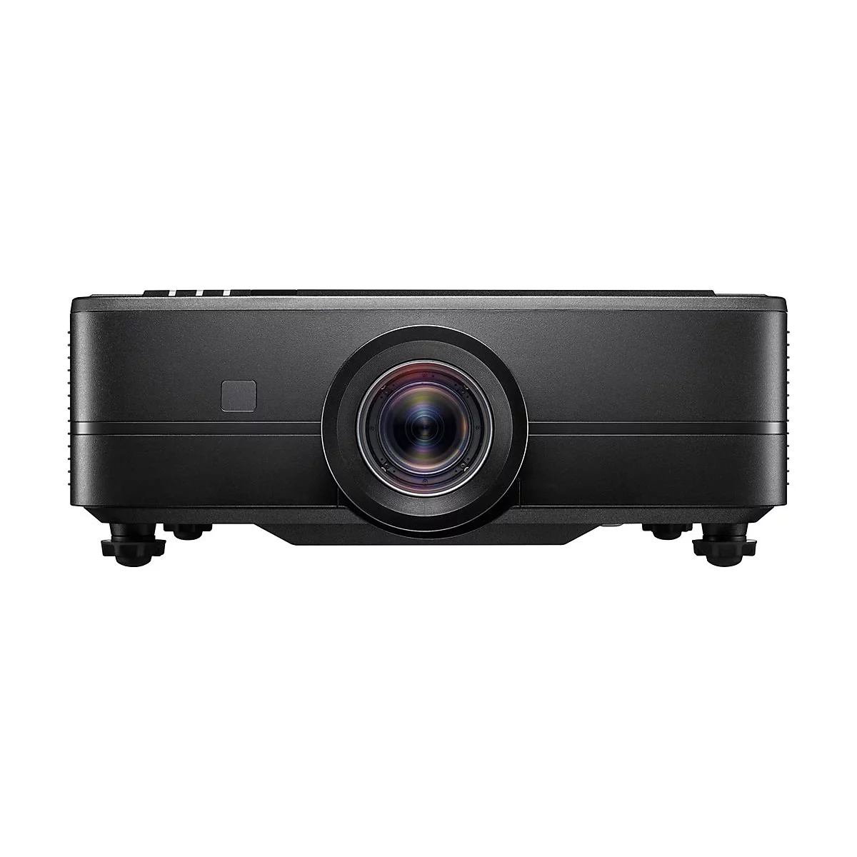 Projecteur noir, vue de face, objectif en focus, détaillé.