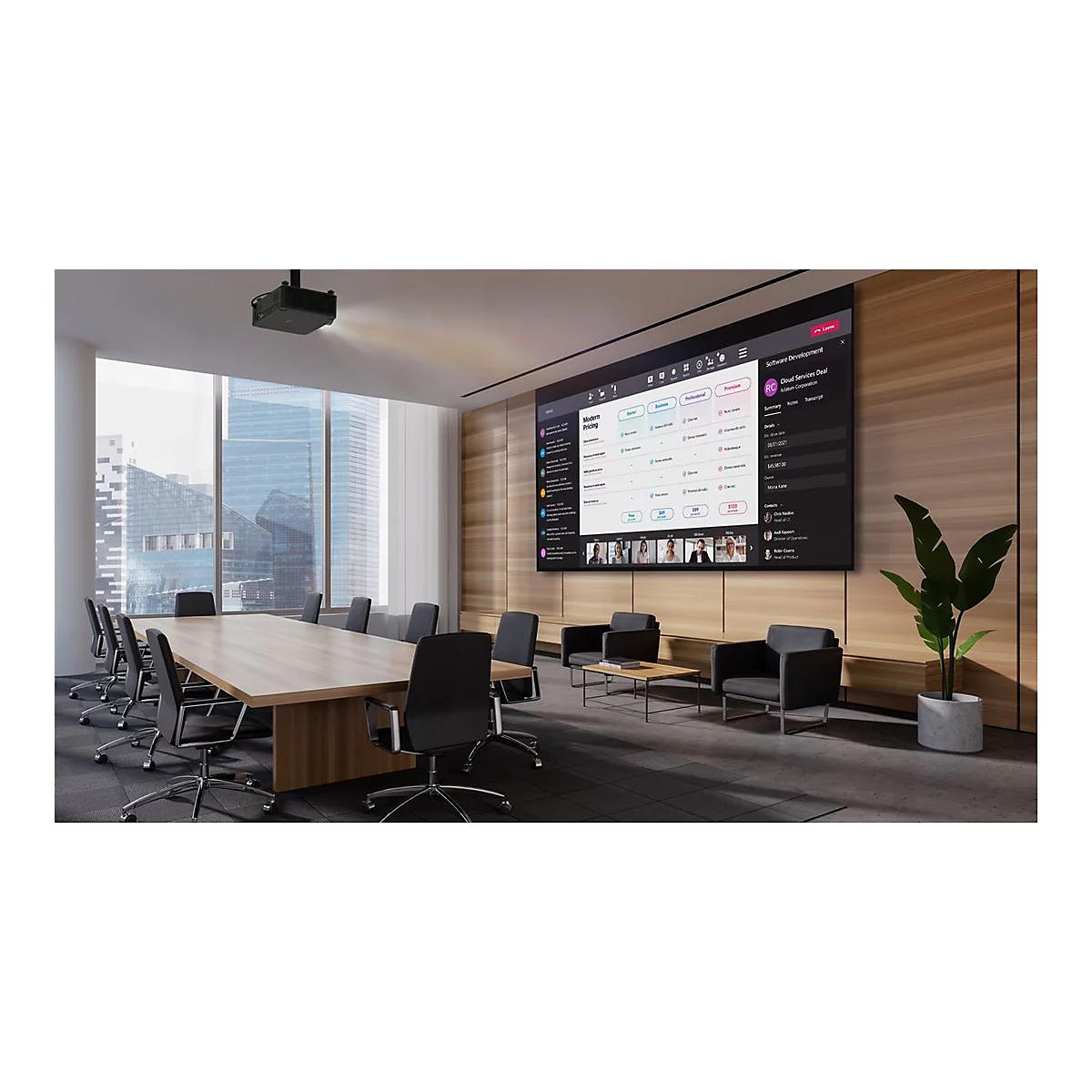 Konferenzraum mit groÃŸem Bildschirm, PrÃ¤sentation, Konferenztisch, StÃ¼hle, Fenster mit Skyline, Pflanze.