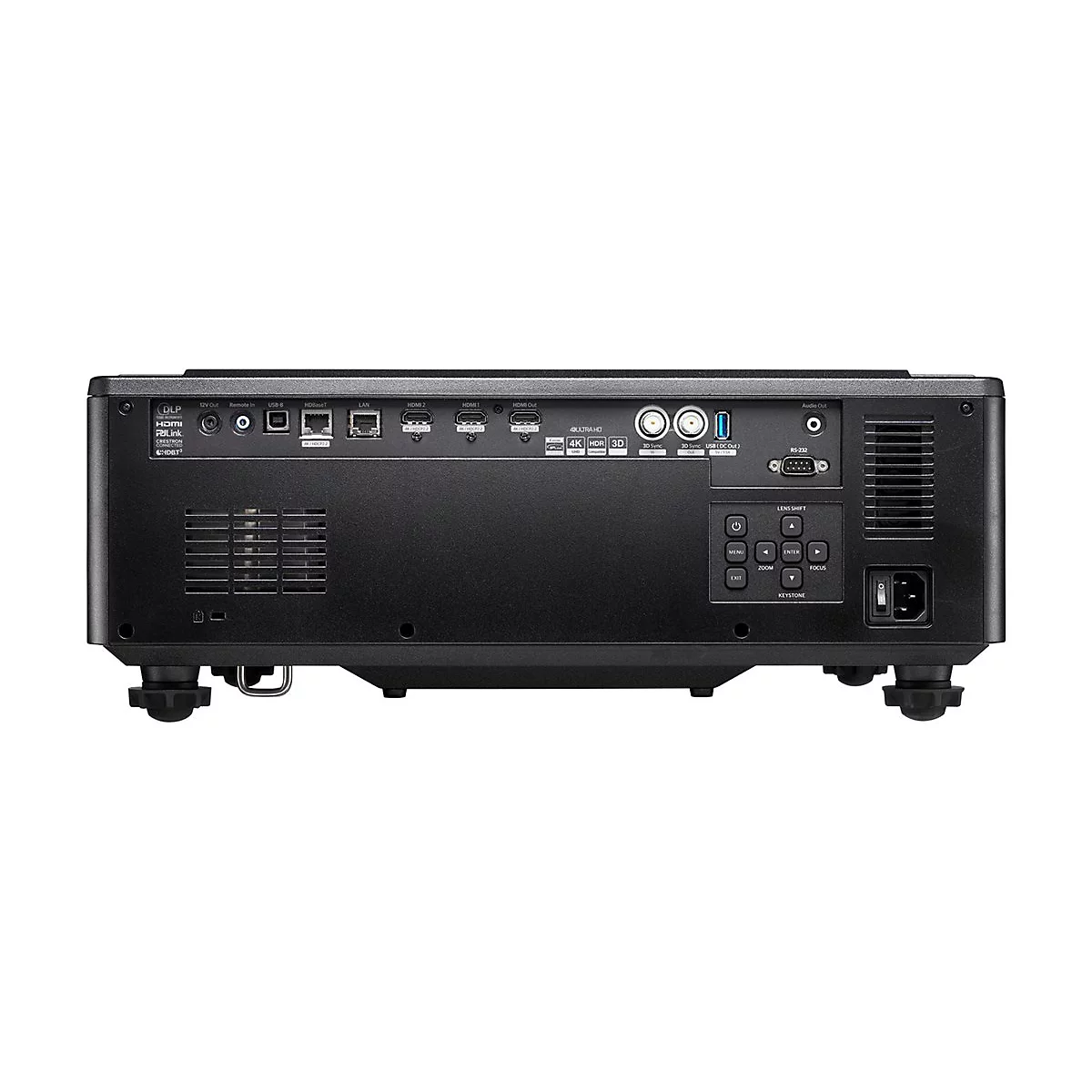 Arrière d'un projecteur noir avec des ports, des boutons et des grilles d'aération sur fond blanc.