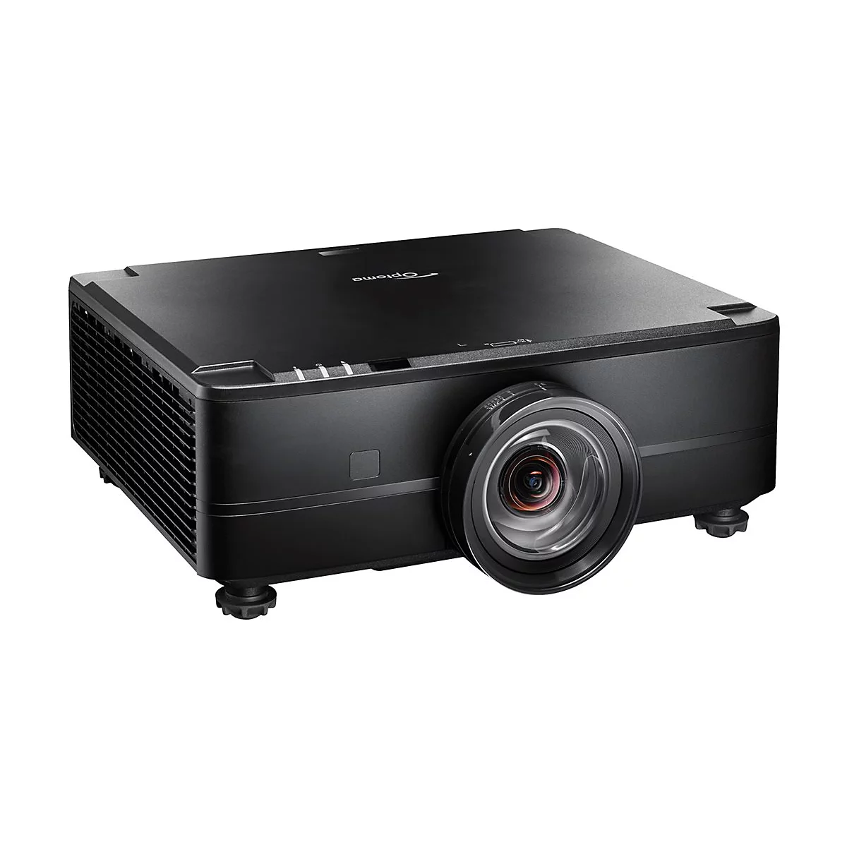 Schwarzer Projektor, schräg von vorne fotografiert, vor weißem Hintergrund. Aufschrift „Optoma“.