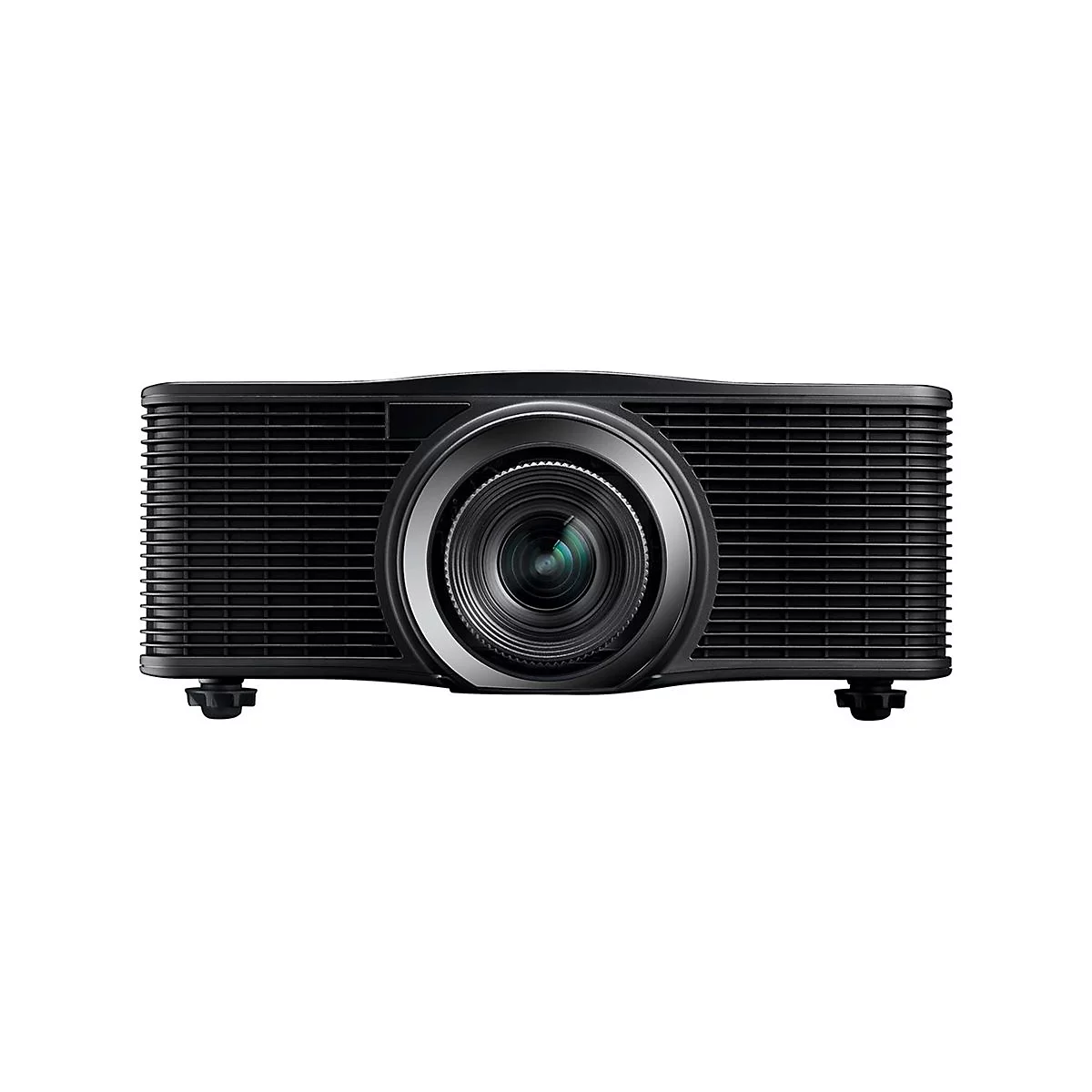 Projecteur noir avec lentille et fentes de ventilation. Anneau métallique gris autour de l'objectif, deux pieds en bas.