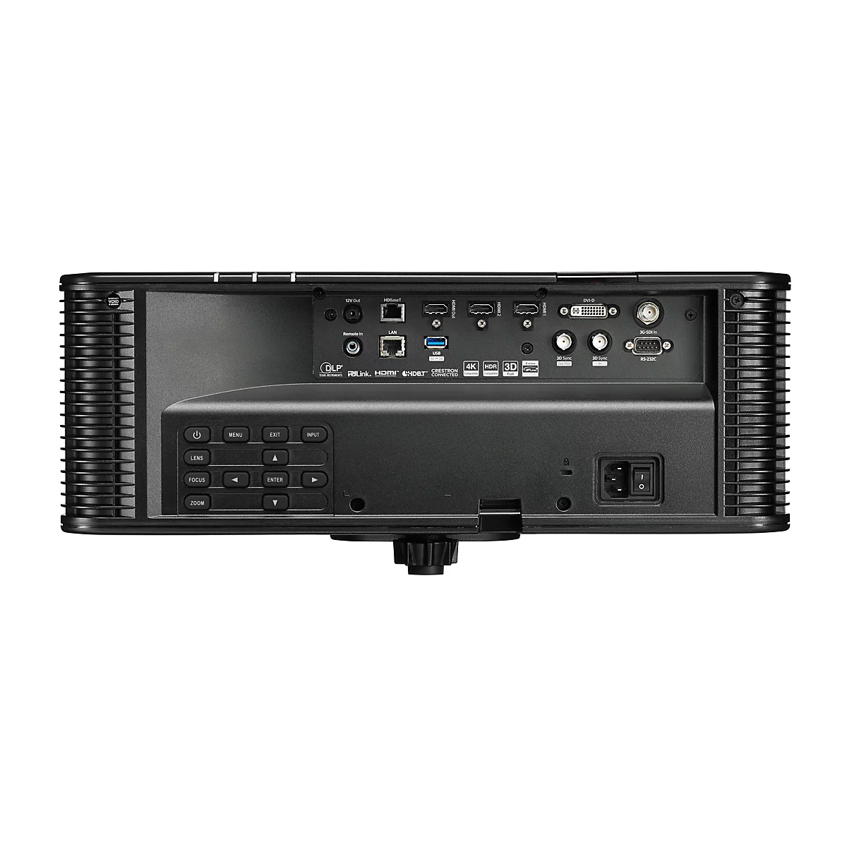 Nahaufnahme der Rückseite eines schwarzen Projektors, mit verschiedenen Anschlüssen, Knöpfen und einem Netzschalter.