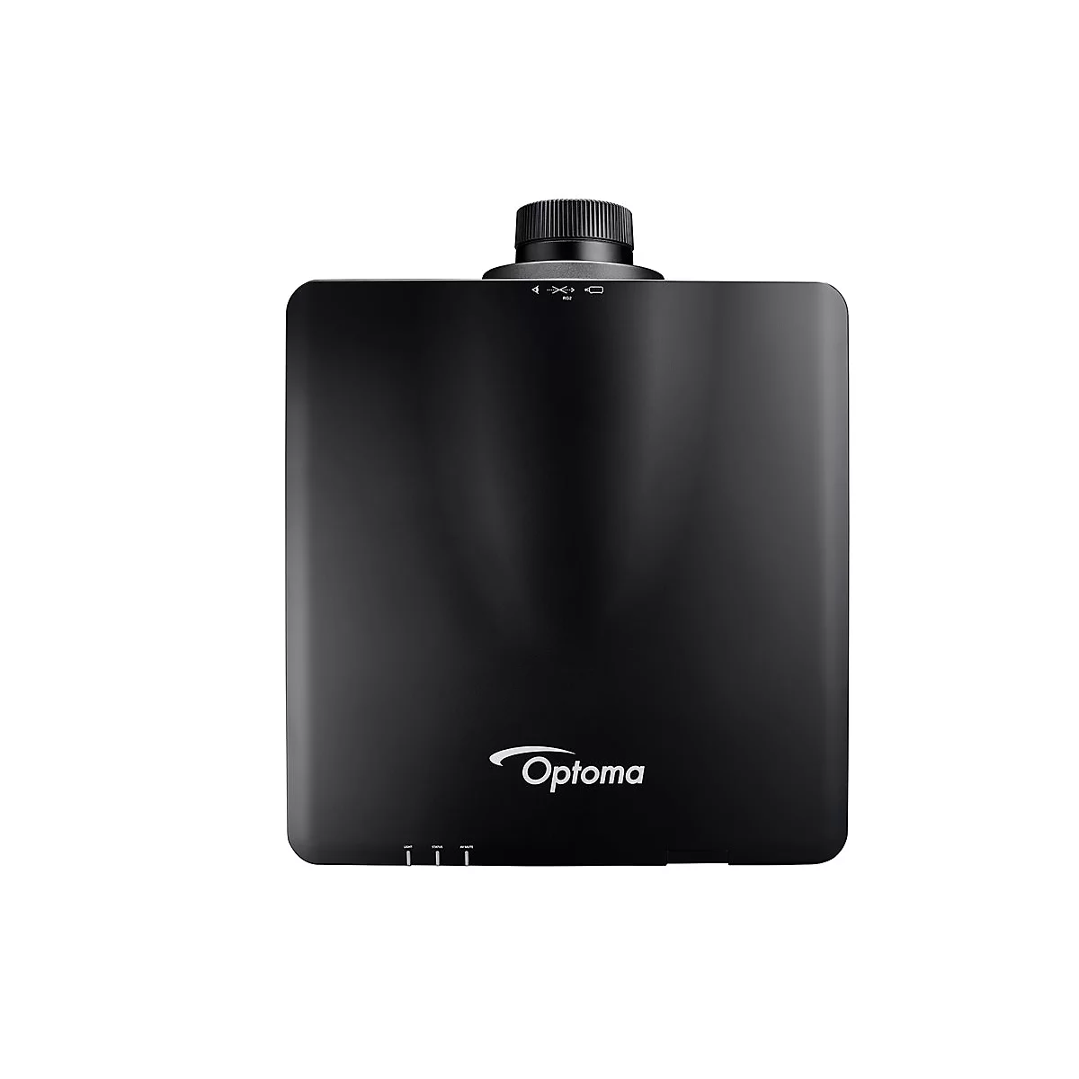 Schwarzer Projektor, Optoma-Logo. Oben Objektiv, darunter Bedienelemente und Statusanzeigen.